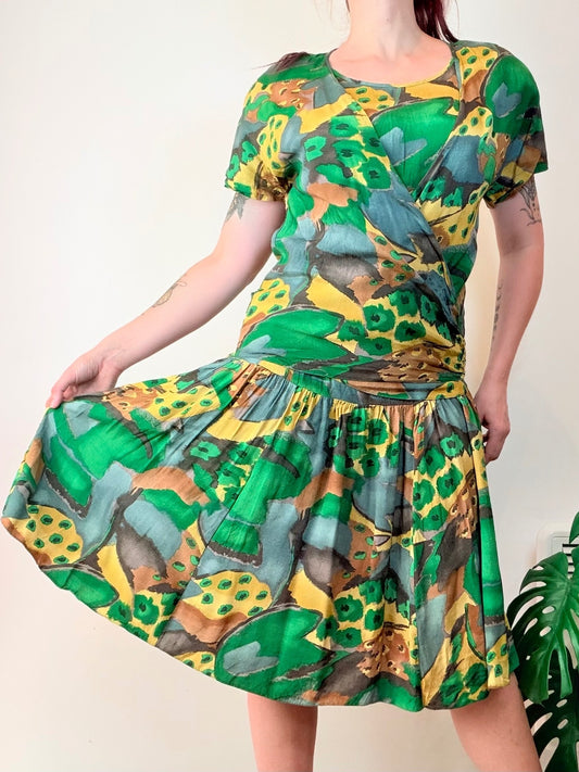 Vintage1980s Wrap Dress Green and Yellow Abstract Print Drop Waist Size 12