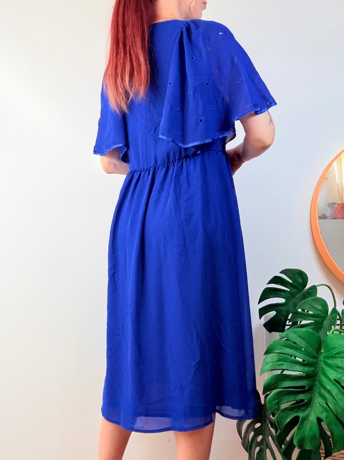 Vintage 1980s Floaty Dress Blue Midi with Eyelet Cape Sleeves Size 14
