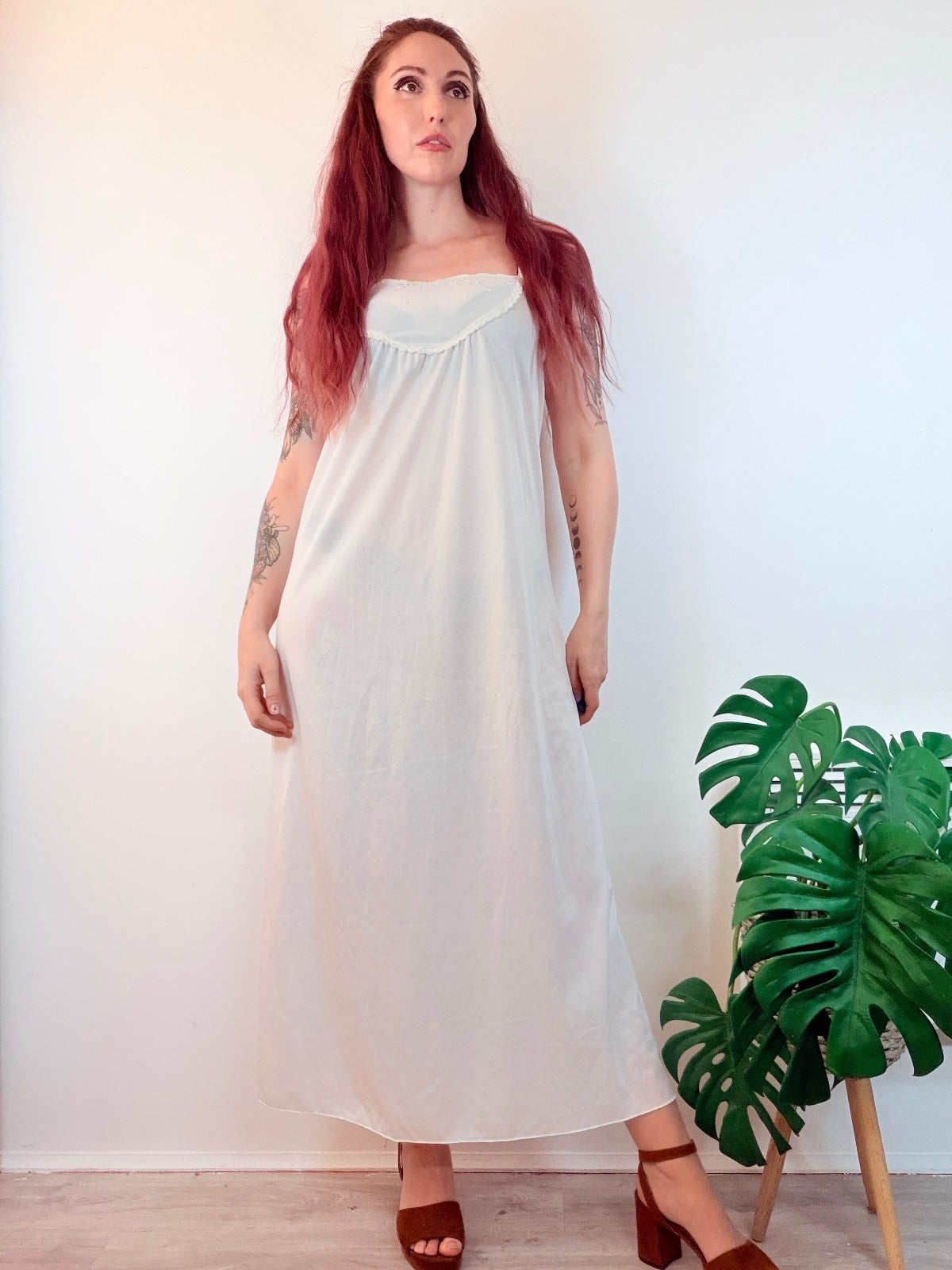 Vintage Cream Slip Dress Long Babydoll Night Dress with Delicate Lace Size 12
