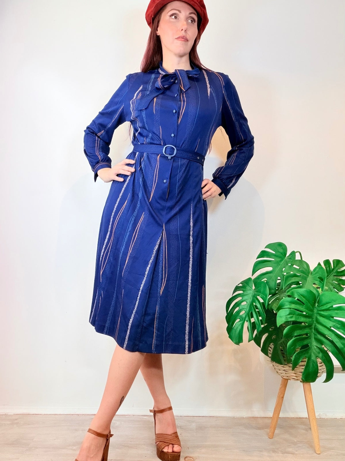 Vintage 1980s Shirt Dress Blue Belted Midi Dress with Bow Tie Collar Size 16
