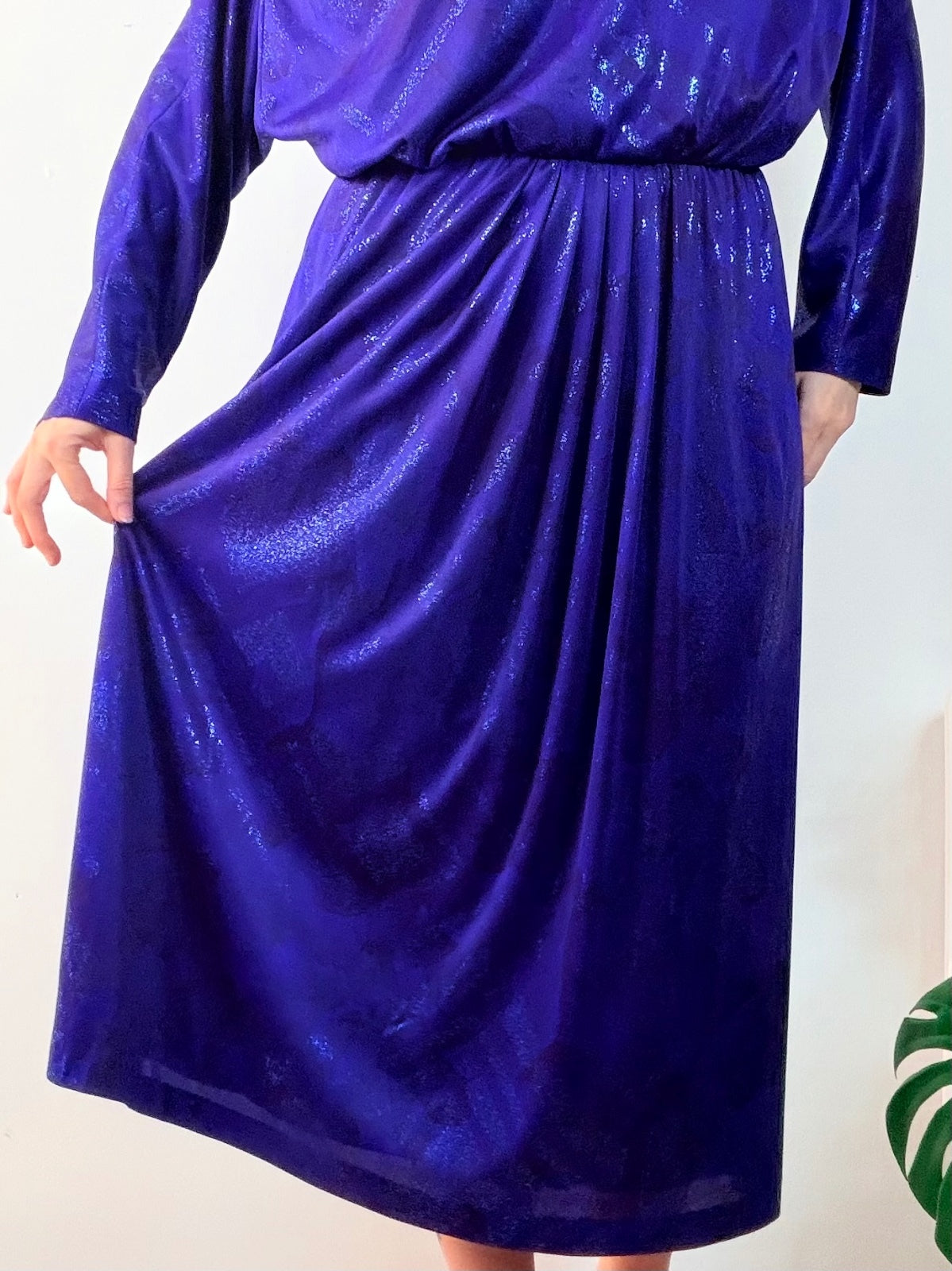 Vintage 1980s Party Dress Sparkly Purple Midi Dress with Batwing Sleeves Size 16