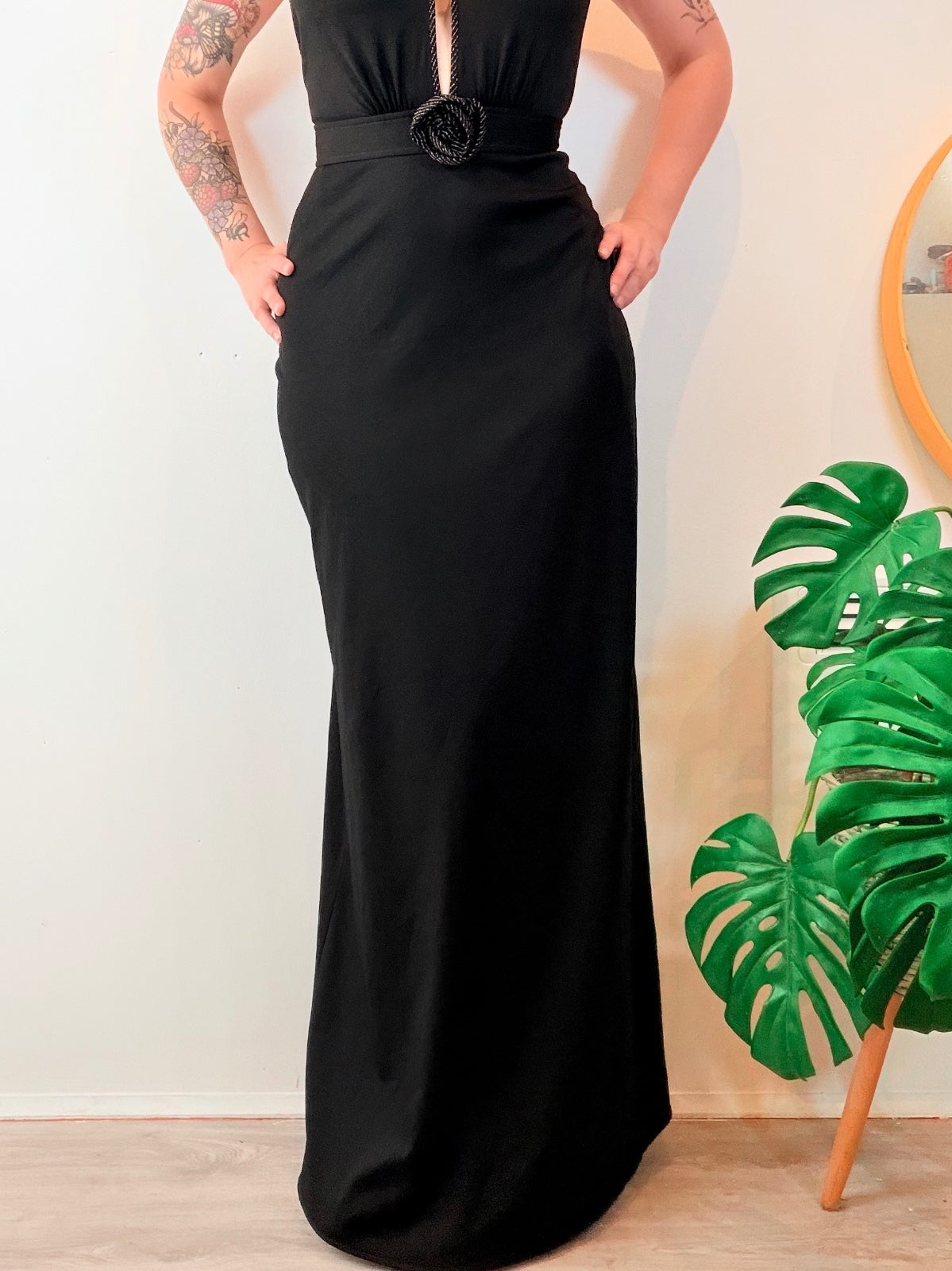 Vintage 1970s Cocktail dress Black Halter Neck Maxi with Rose Detail Size 6