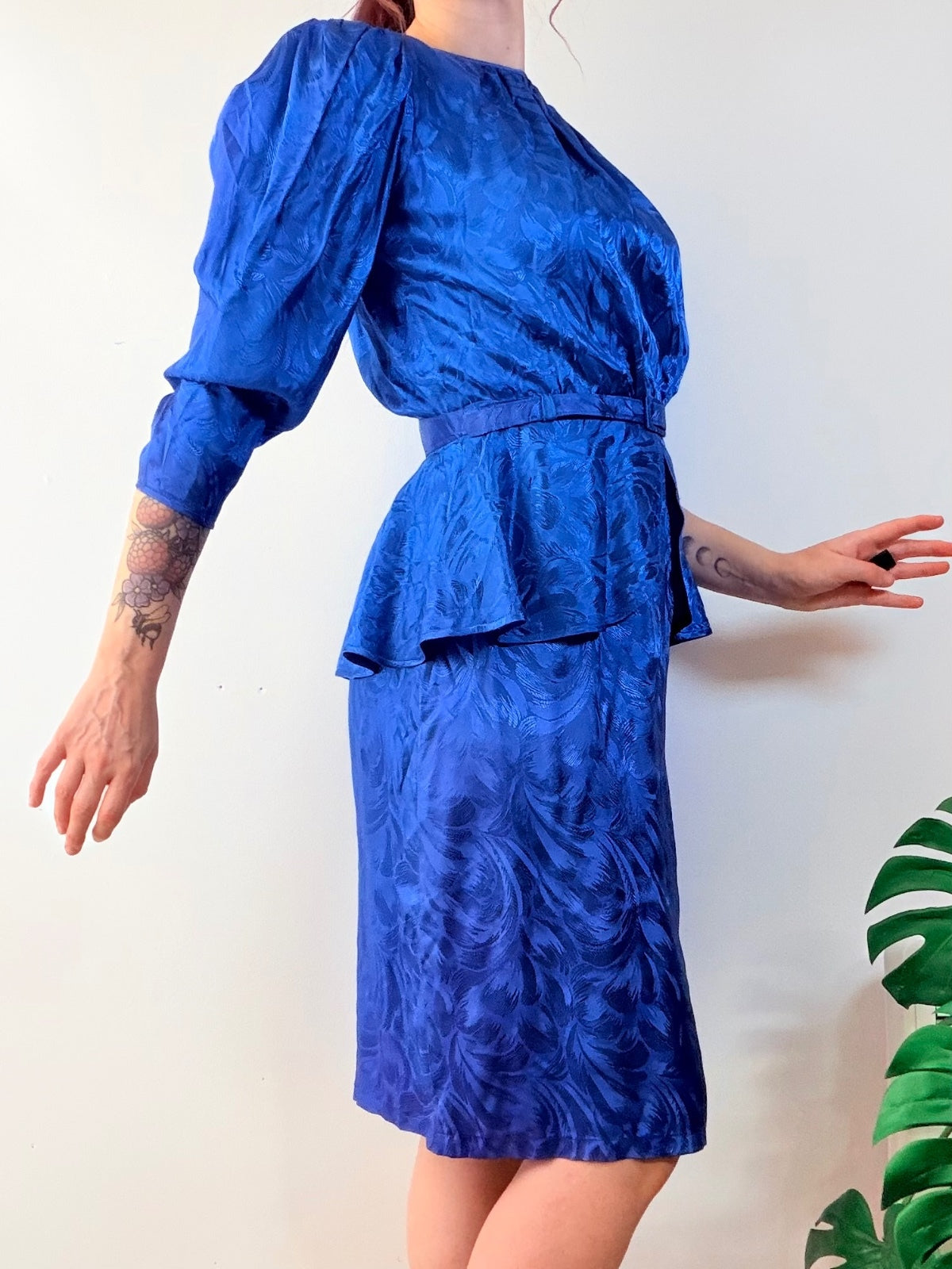 Vintage 1980s Peplum Dress with Retro Puff Sleeves and Belt Blue Size 12