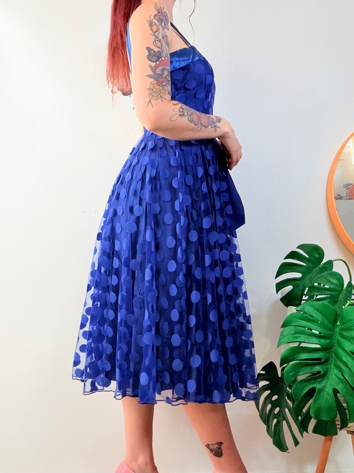 Vintage 1980s Party Dress 1950s Style Blue Polka Dot Rockabilly Size 6 to 8