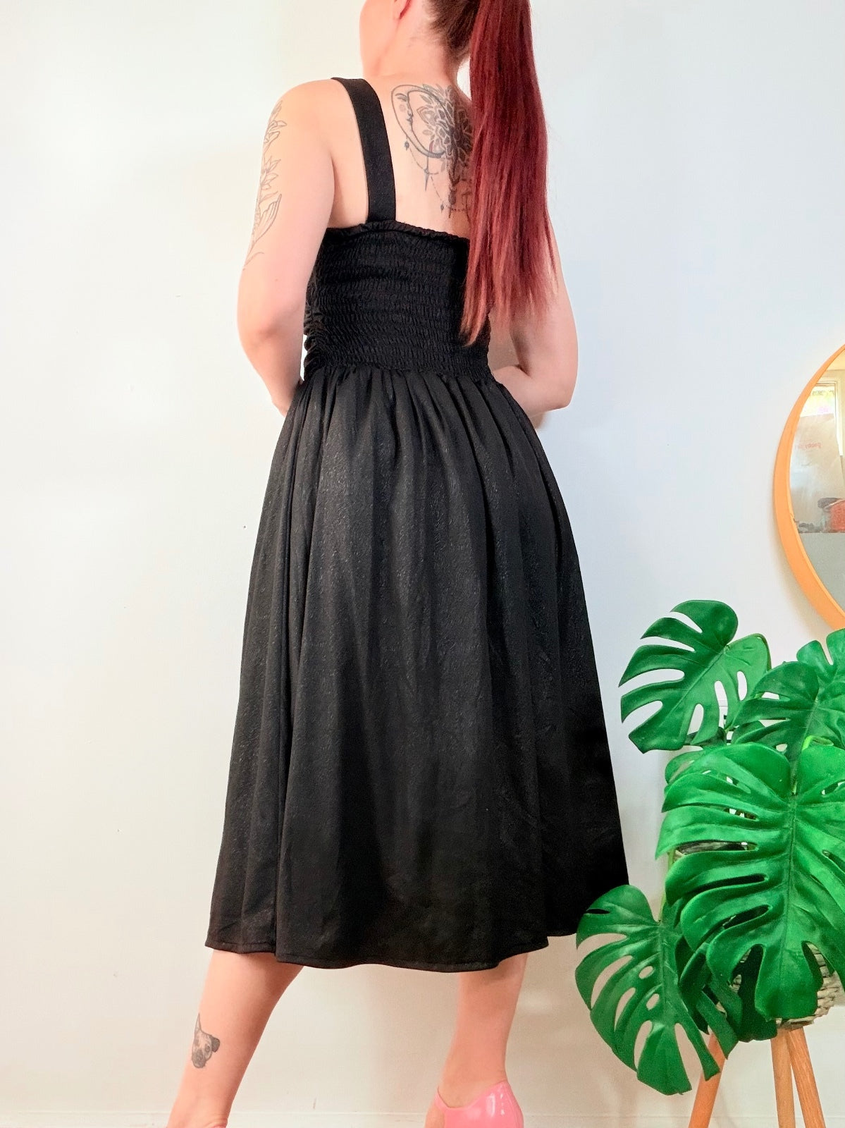 Vintage 1980s Party Dress Black Ruched Midi A Line with Button Front Size 10 12