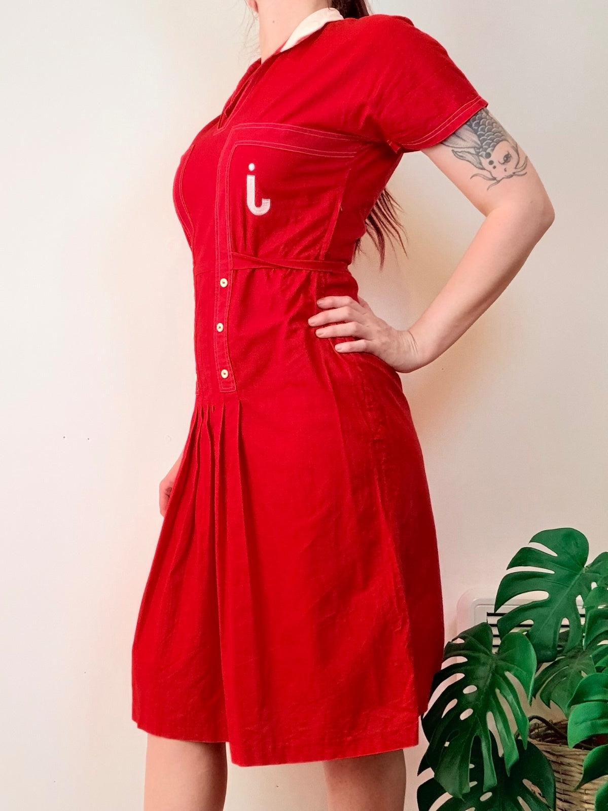 Vintage 1990s Shirt Dress Red Cotton Midi with Pleated Skirt and Collar Size 12