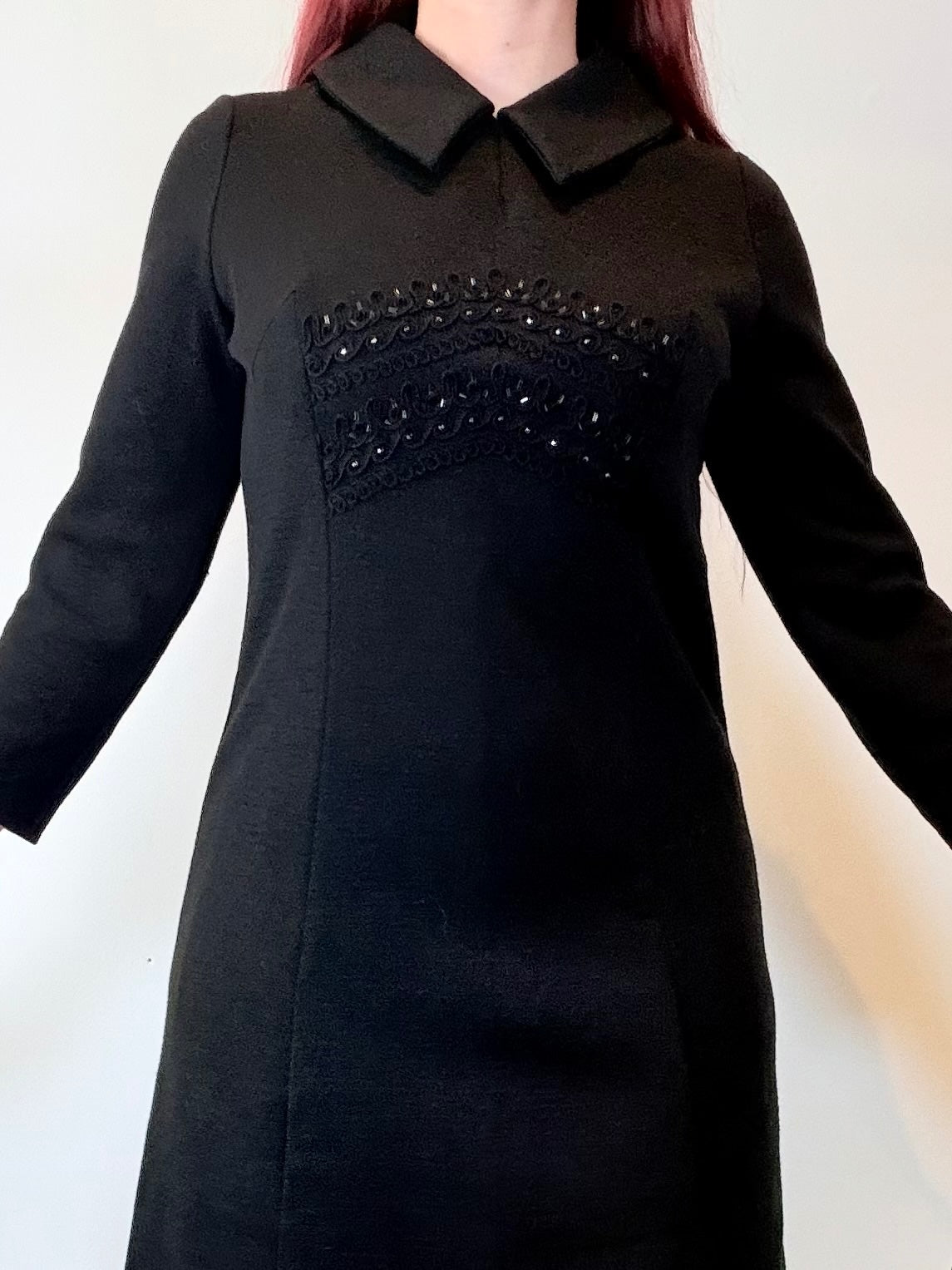 Vintage 1960s Mini Dress Wool with Beaded Detail and Peter Pan Collar Size 12 14