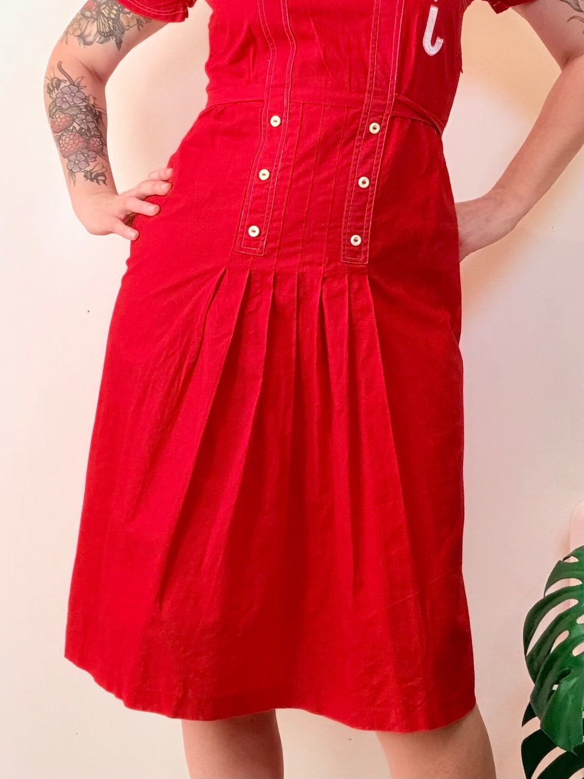 Vintage 1990s Shirt Dress Red Cotton Midi with Pleated Skirt and Collar Size 12