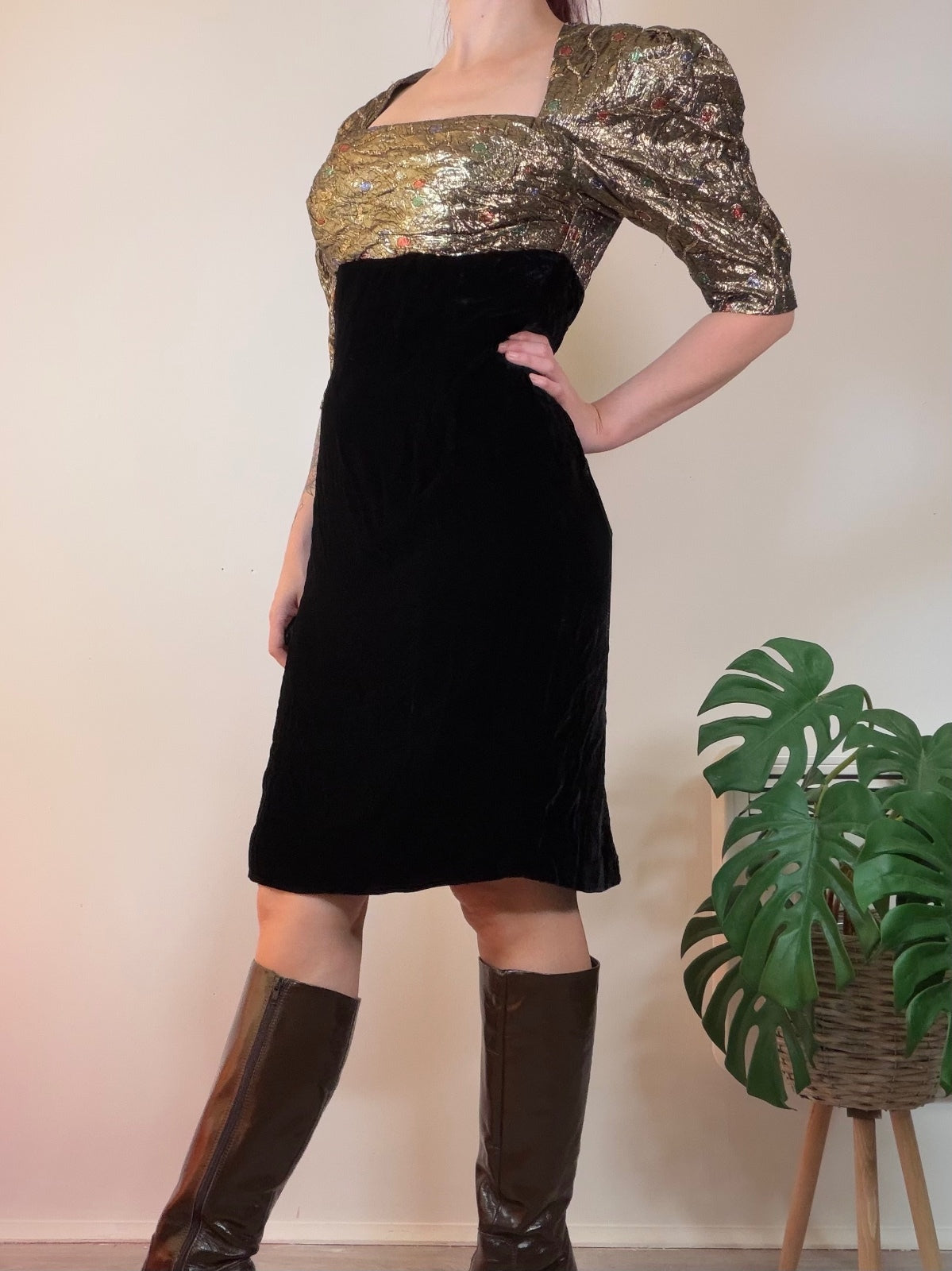 Vintage 1980s Cocktail Dress Black Velvet & Gold Puff Sleeve Dress Size 12