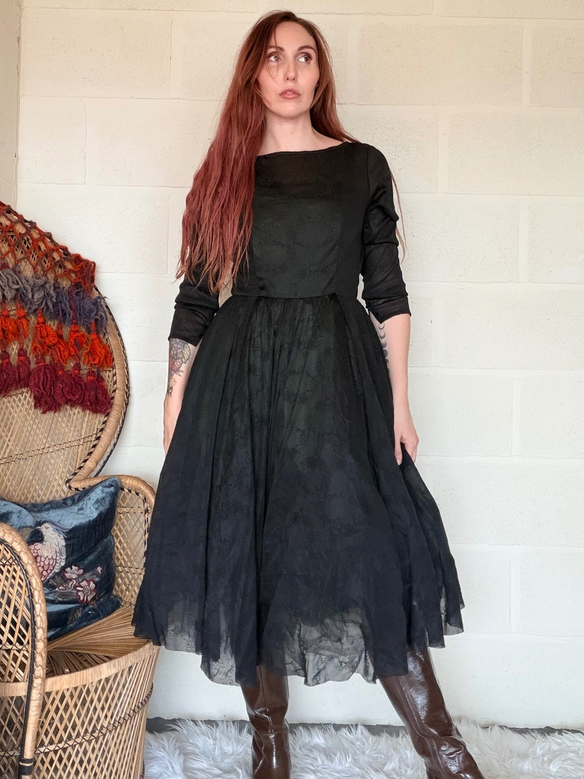 Vintage 1980s Party Dress Black Long Sleeve Midi Dress with Green Lining Size 10