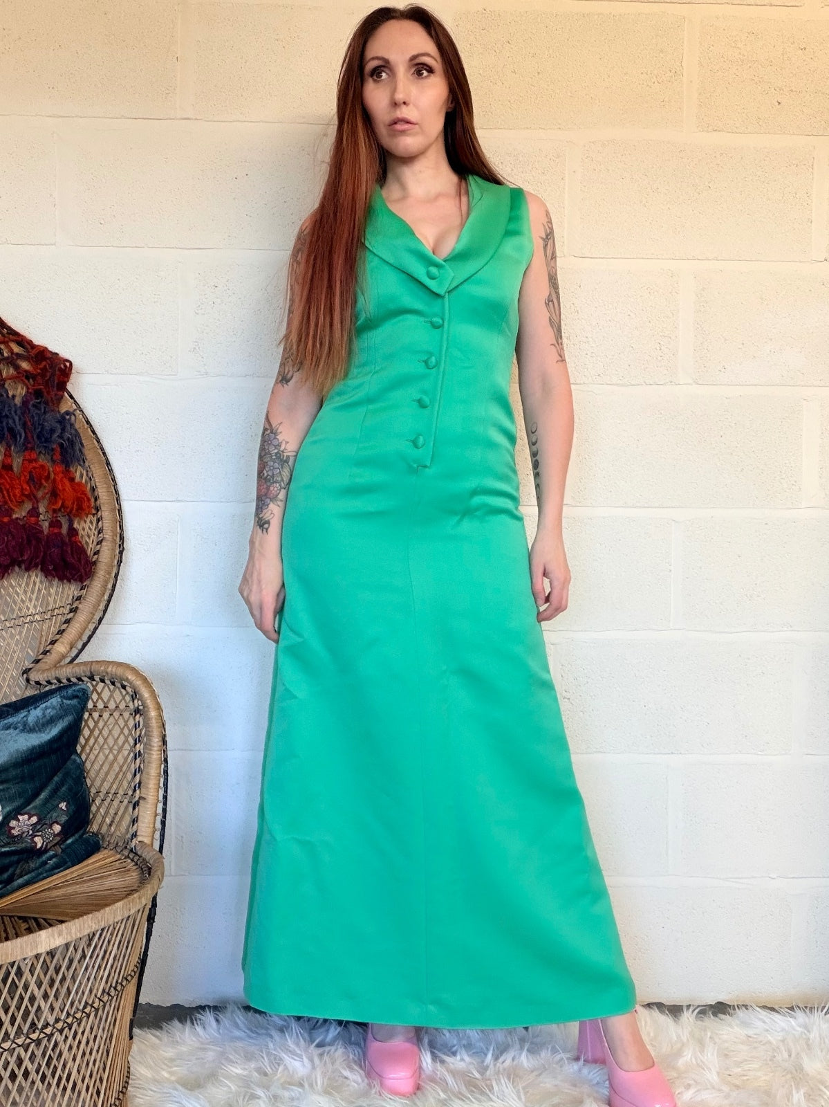 Vintage 1970s Maxi Dress Green Sleeveless with Button Detail Size 12