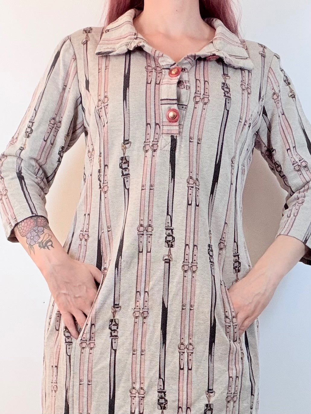 Vintage 1960s Shirt Dress Beige Striped Dress with 3/4 Sleeves Size 16
