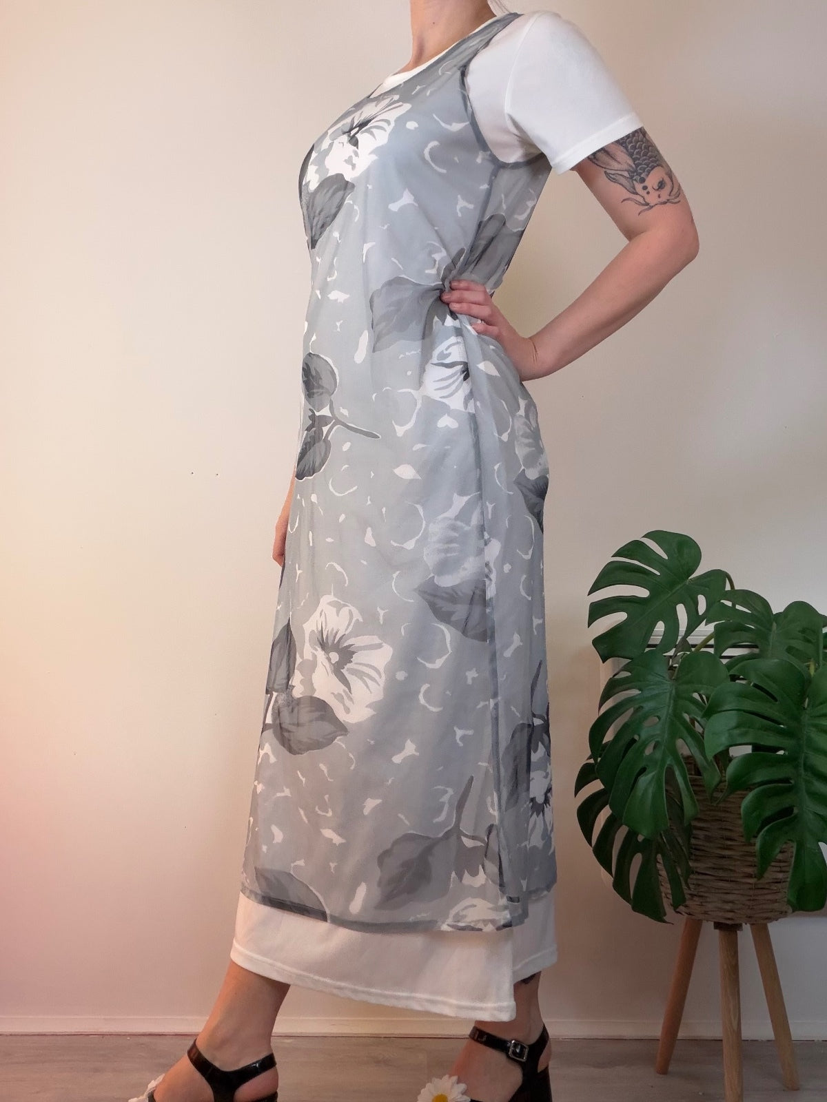 Layered Floral Maxi Dress with Sheer Overlay Grey White Y2K Style Size 14