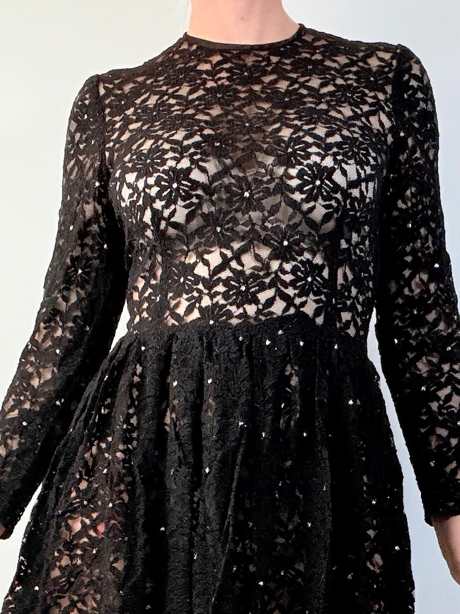 Vintage 1980s Sheer Party Dress Black Lace Mini Sparkly Long Sleeves Size 8