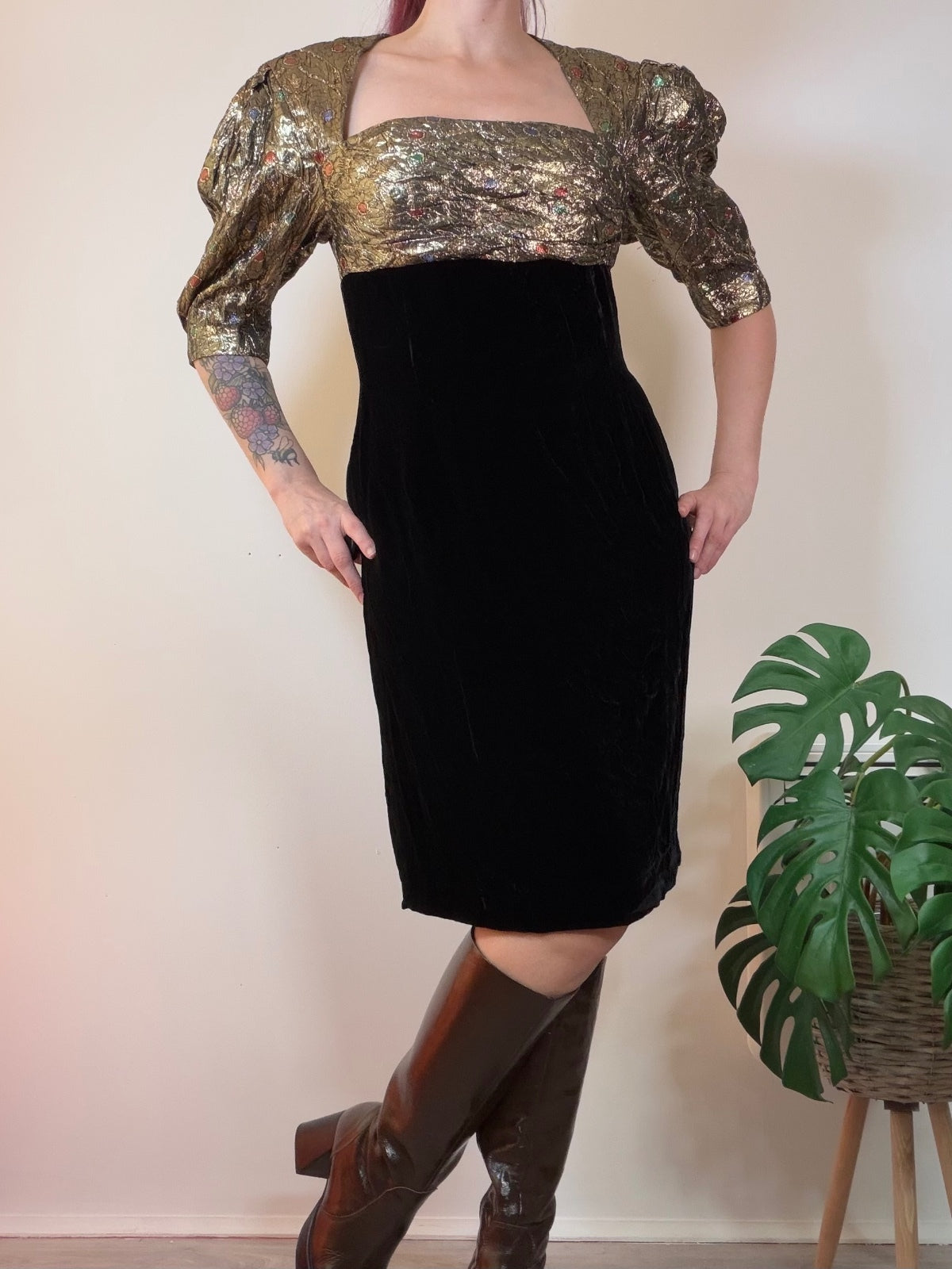 Vintage 1980s Cocktail Dress Black Velvet & Gold Puff Sleeve Dress Size 12