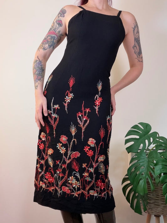 Vintage Black Midi Dress with Vibrant Floral Embroidery Size 8