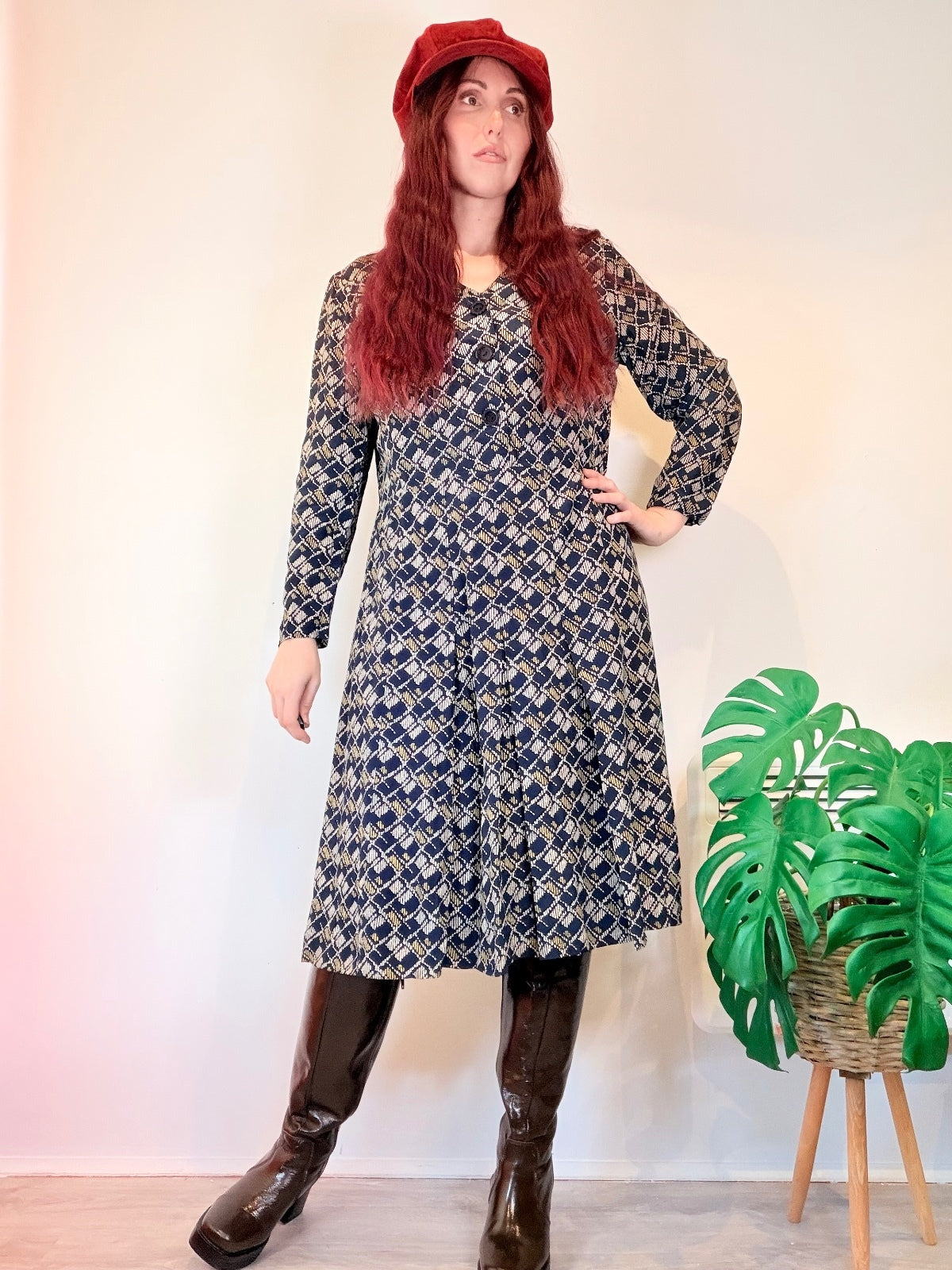 Vintage 1970s Shirt Dress Navy and Beige Patterned Long Sleeve Dress Size 16