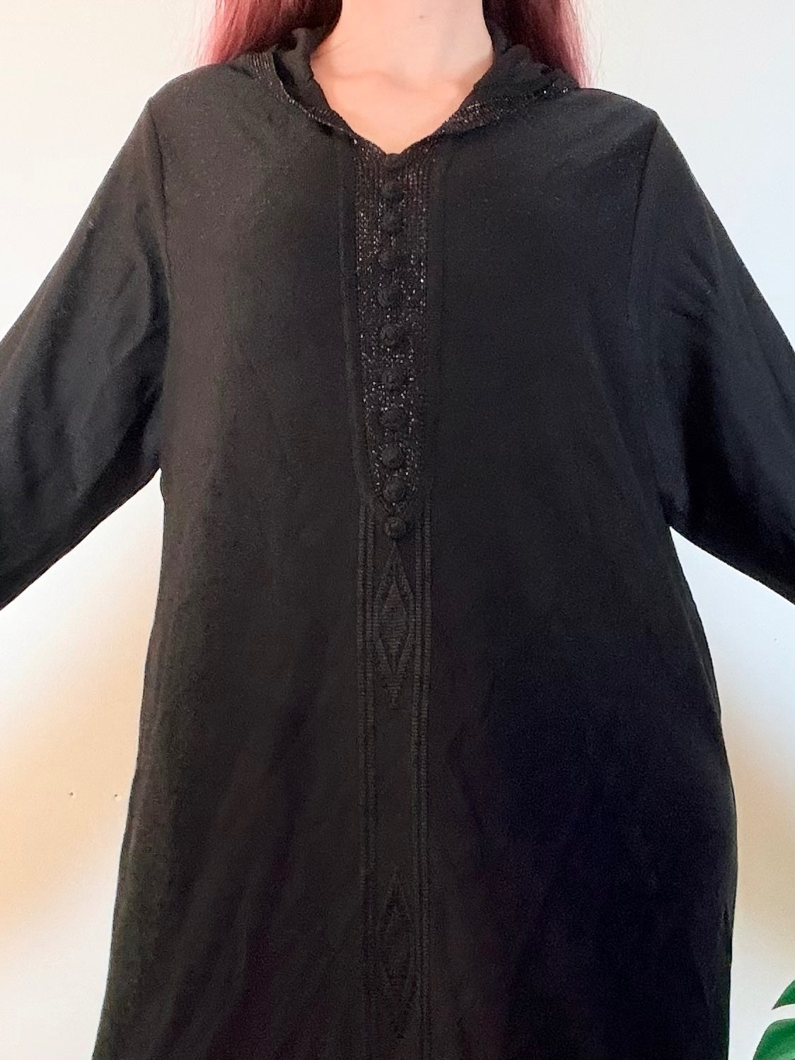 Vintage Black Hooded Kaftan Maxi Dress with Intricate Trim Size L 16 20