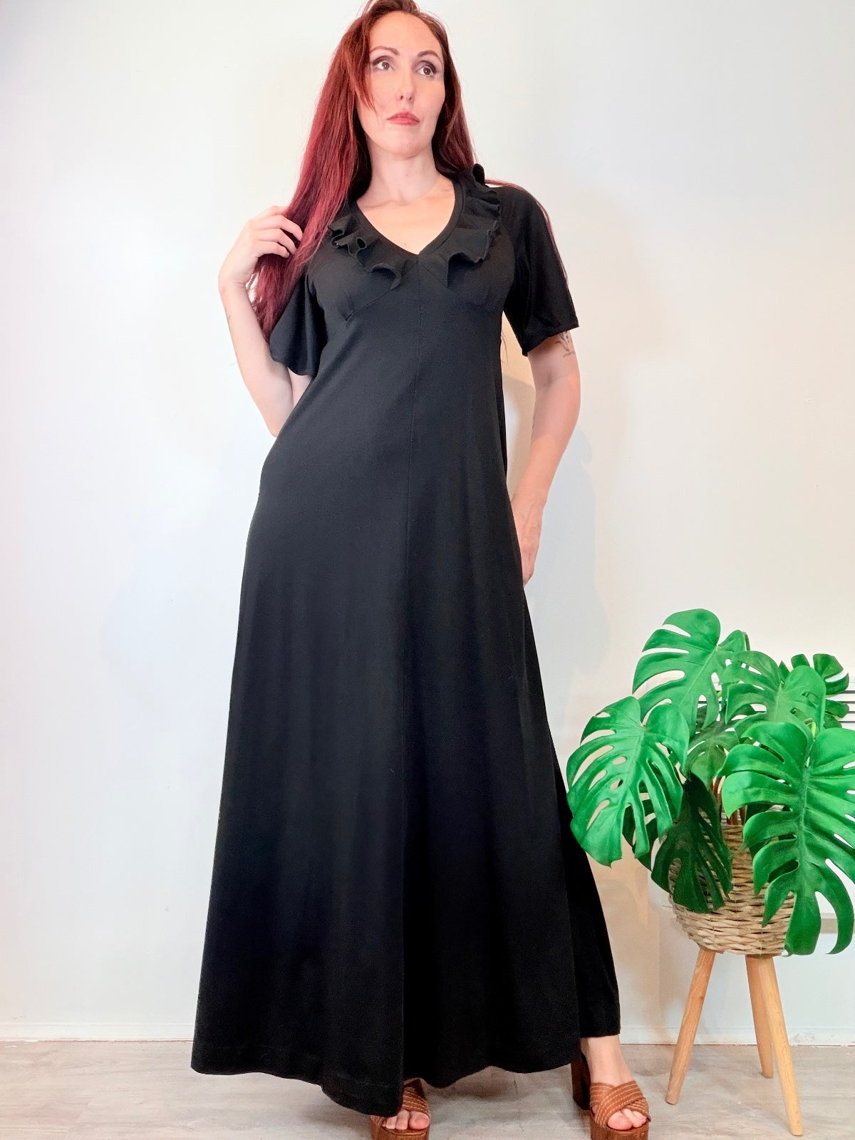 Vintage 1970s Black Maxi Dress with Ruffled V Neck and Flutter Sleeves Size 14
