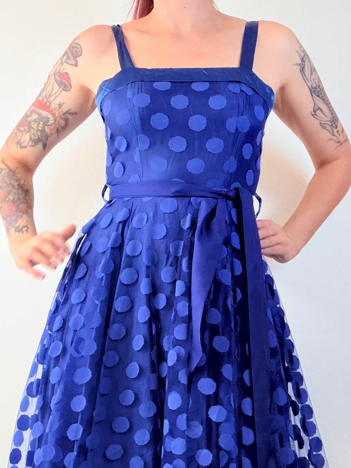 Vintage 1980s Party Dress 1950s Style Blue Polka Dot Rockabilly Size 6 to 8