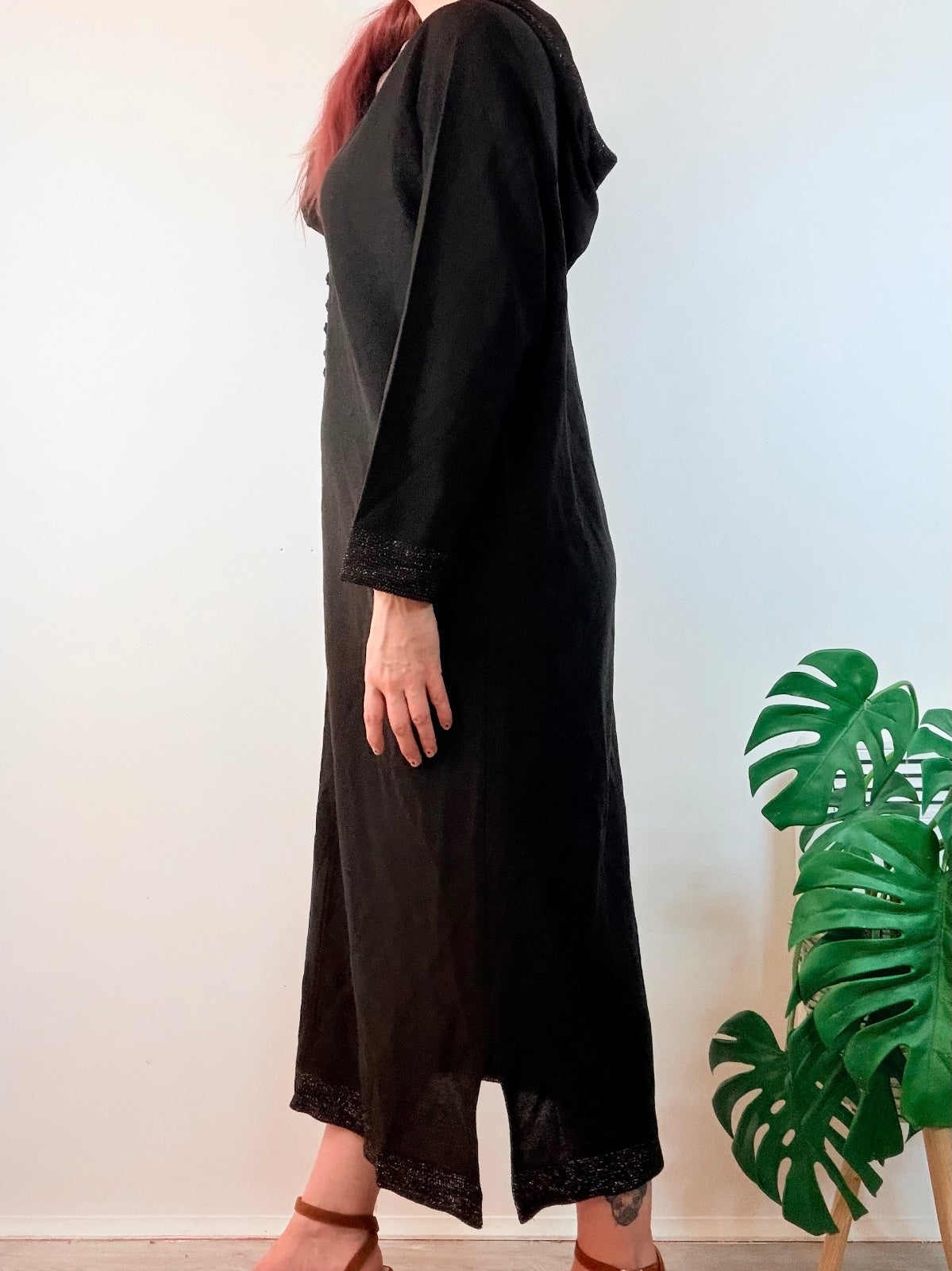 Vintage Black Hooded Kaftan Maxi Dress with Intricate Trim Size L 16 20