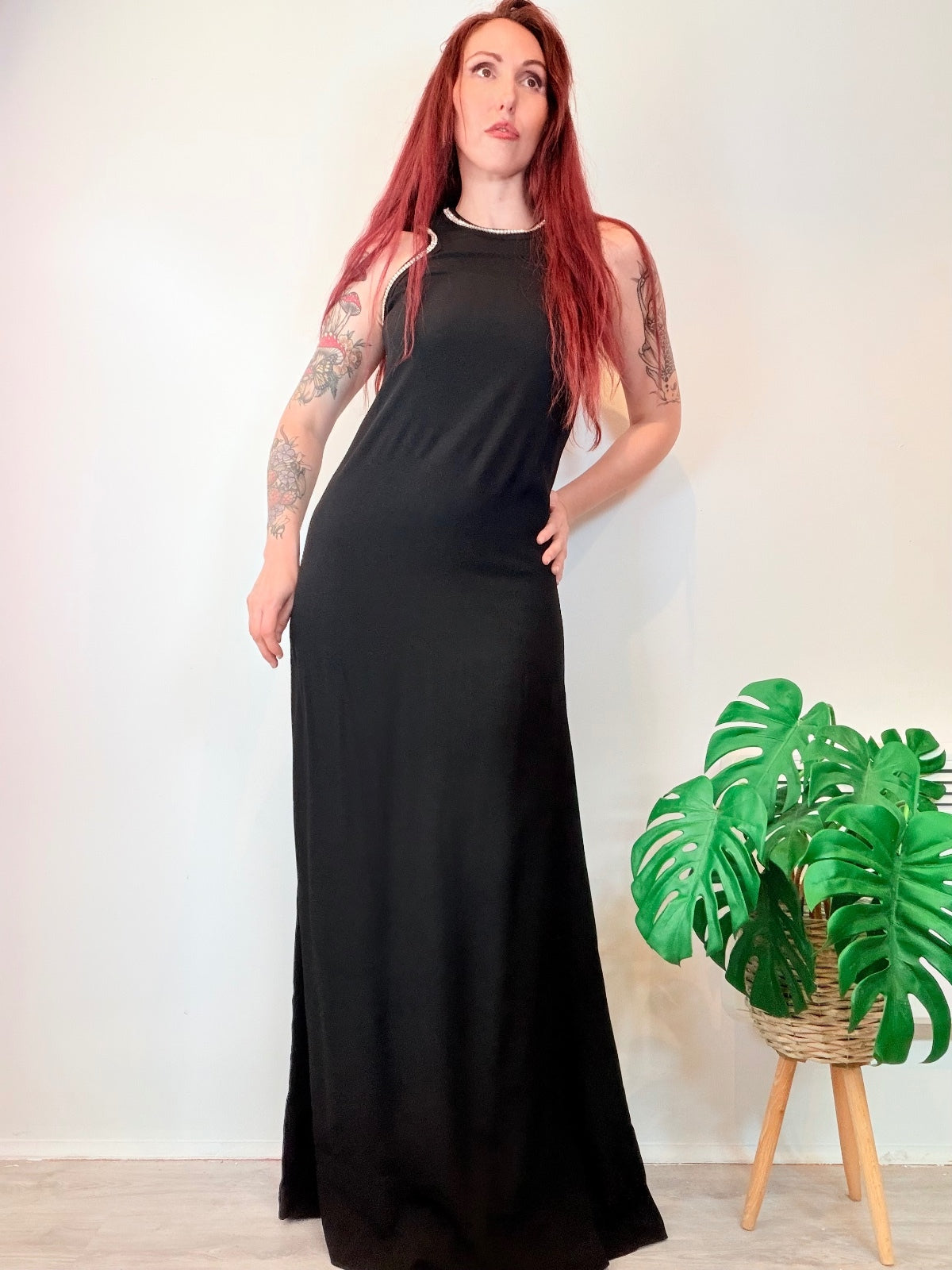 Vintage 1970s Maxi Dress Long Whimsogoth with Diamante Trim Size 10