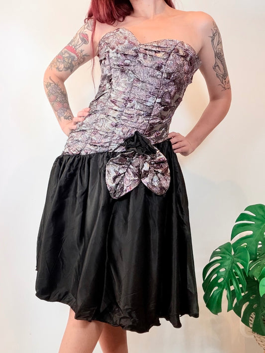 Vintage 1980s Party Dress Strapless Black and Purple with Bow Detail Size 8