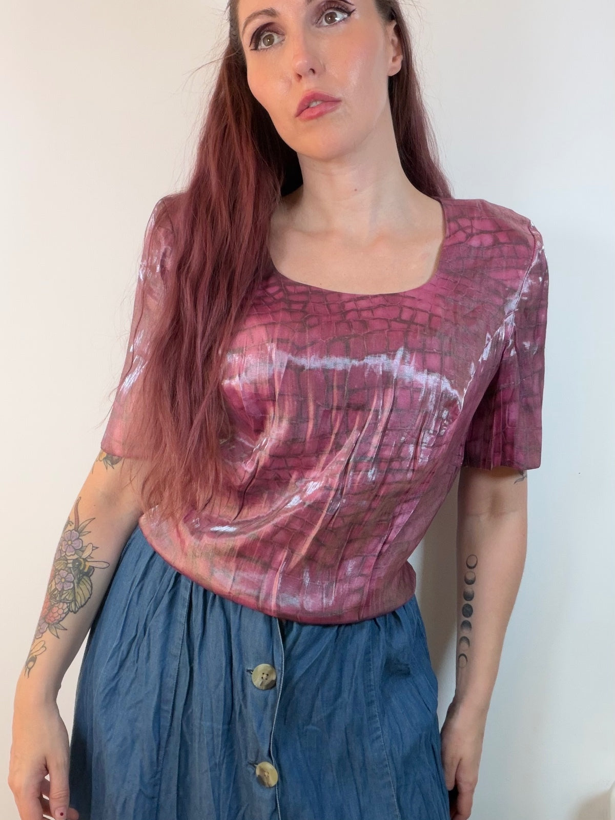 Vintage 1980s Blouse Shiny Pink Crocodile Patterned Top with Square Neck Size 16