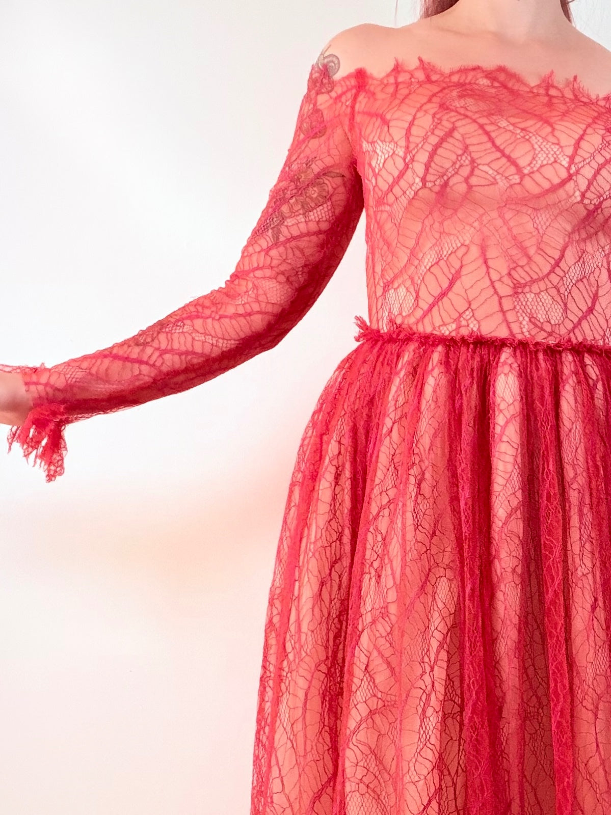 Vintage 1980s cocktail Dress Red Lace Off-Shoulder Maxi Dress Size 10