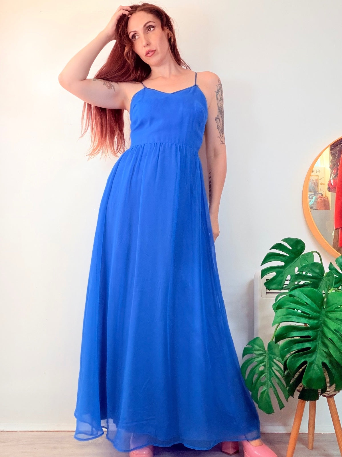 Vintage 1970s Maxi Dress By Vera Mont Long Floaty Spaghetti Straps Size 10