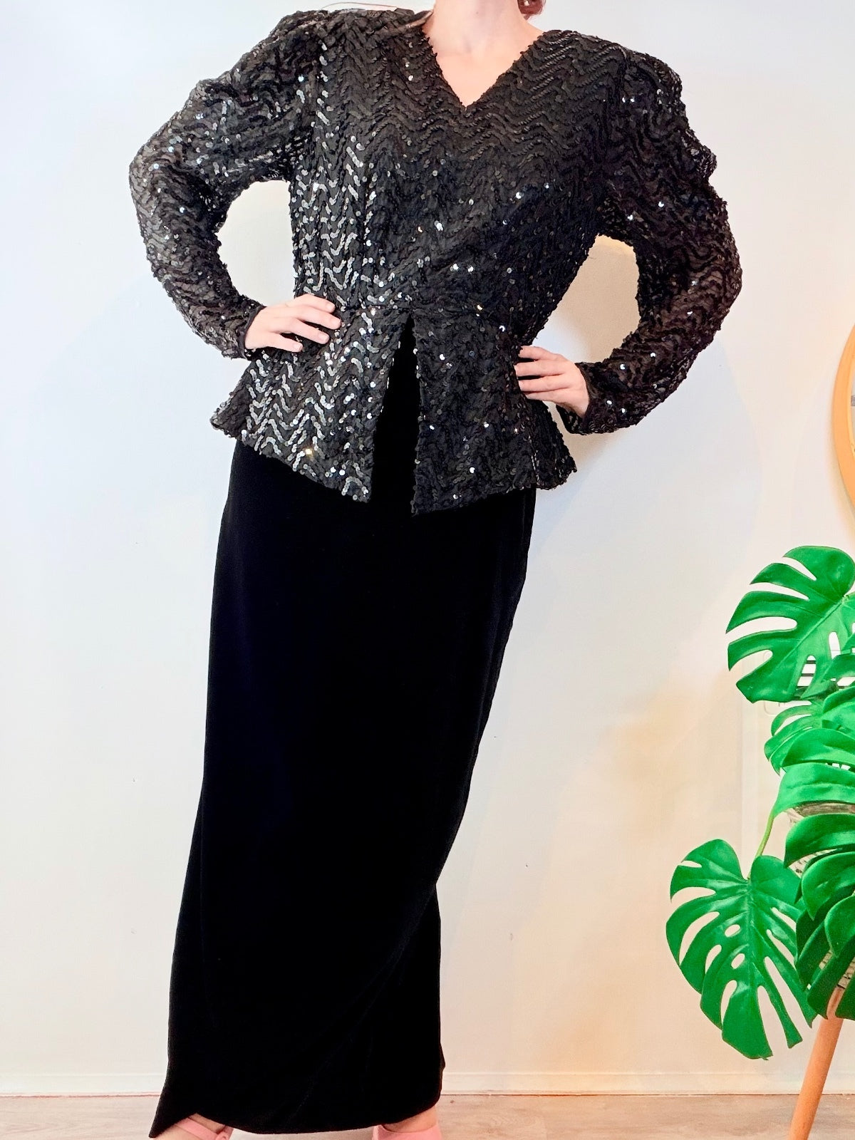 Vintage 1980s Black Dress Sequin Peplum Long Black Velvet By Vera Mont Size 14