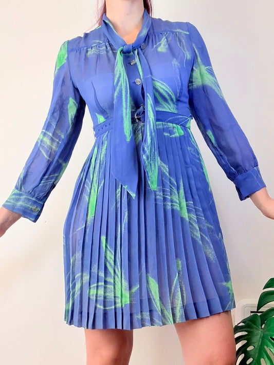Vintage 1980s Shirt Dress Sheer Blue & Green Pleated Mini with Tie Neck Size 8