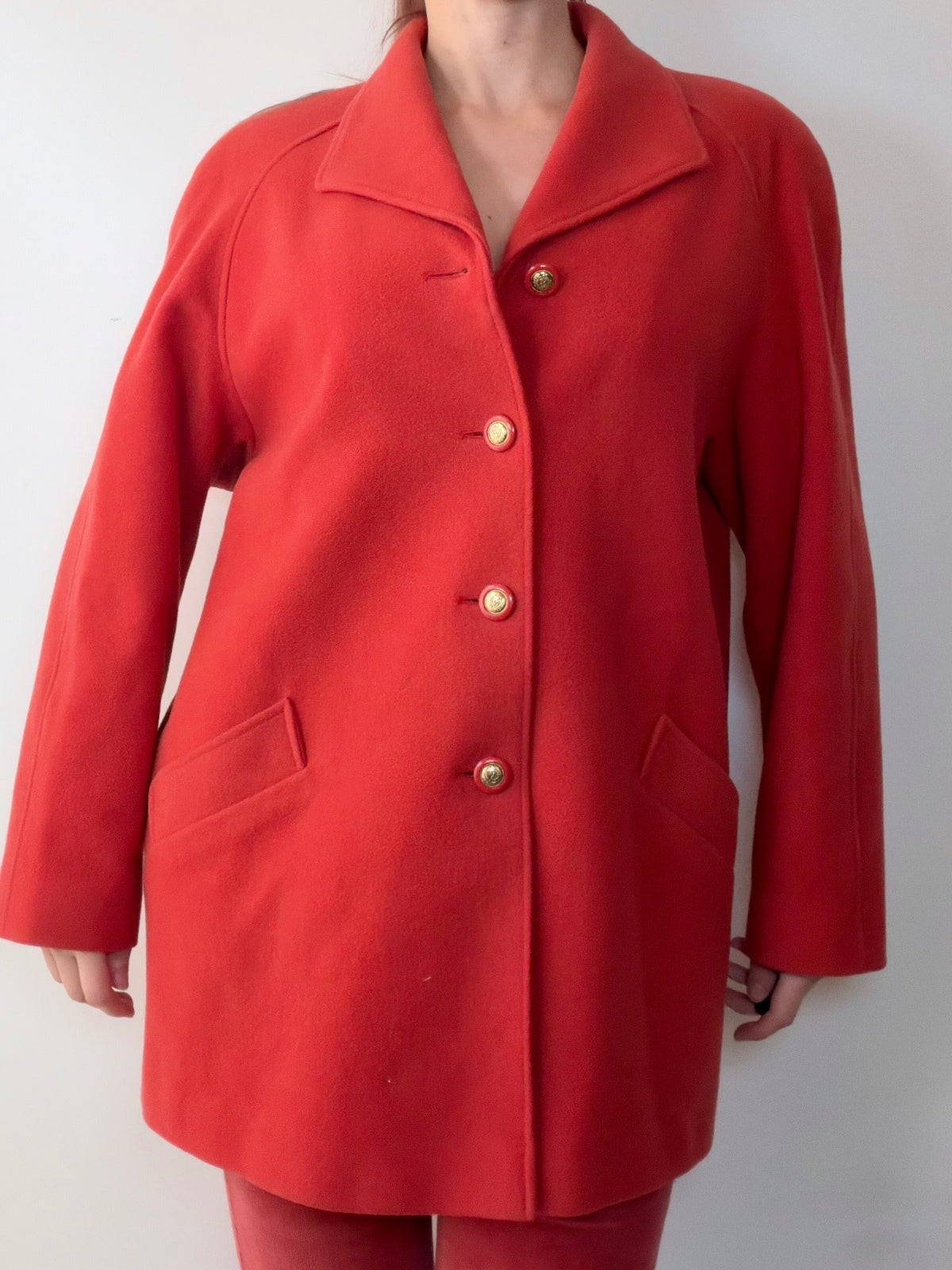 Vintage Red Wool Coat with Gold Buttons 1990s Winter Jacket by Eastex Size 14