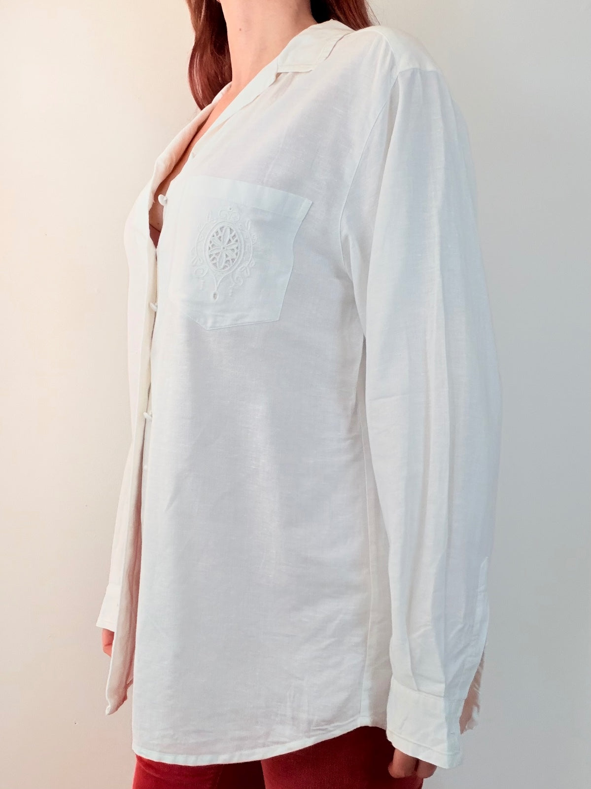 Vintage 1990s White Shirt Linen cotton with Embroidered Pocket size 16