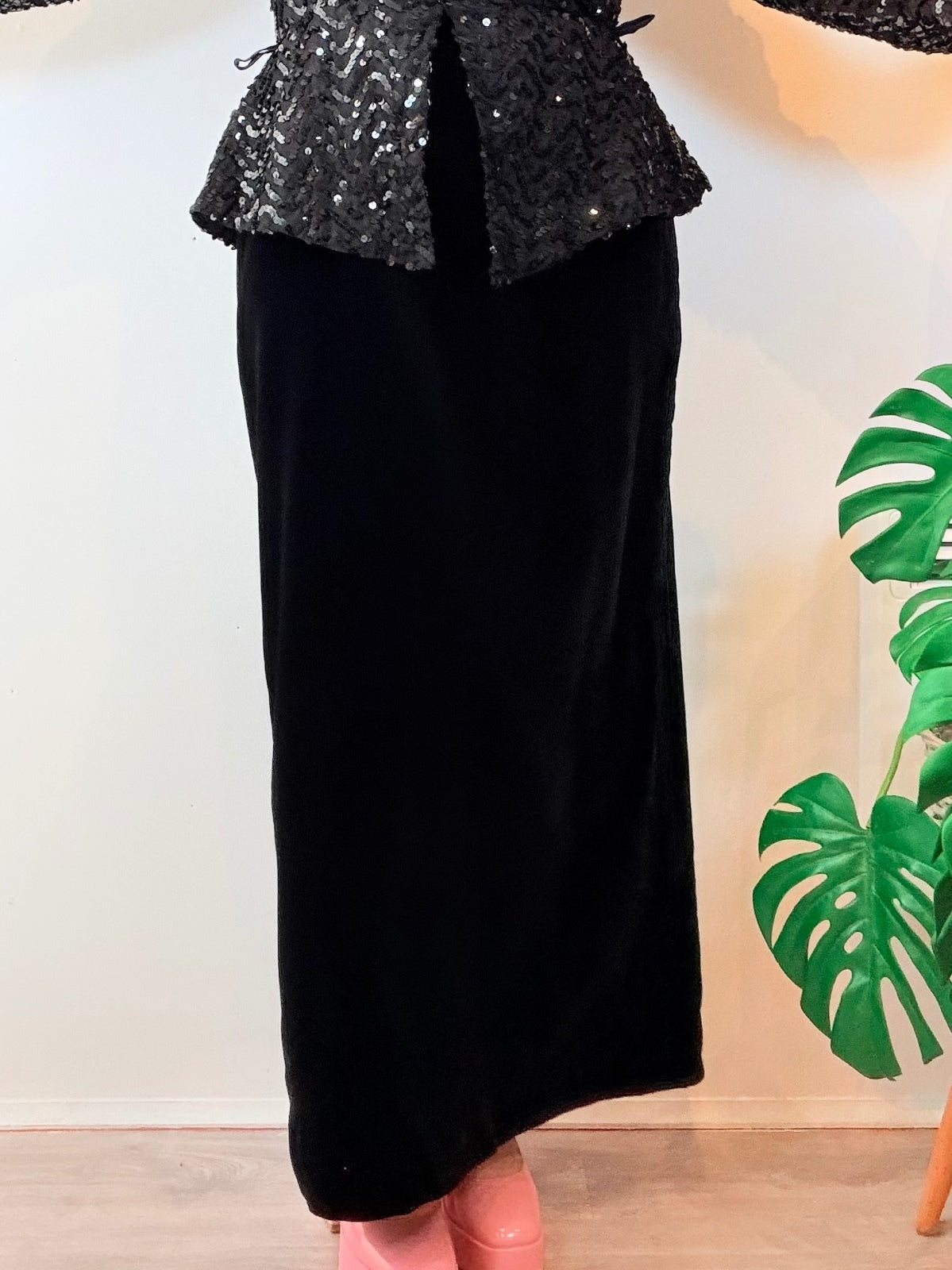 Vintage 1980s Black Dress Sequin Peplum Long Black Velvet By Vera Mont Size 14