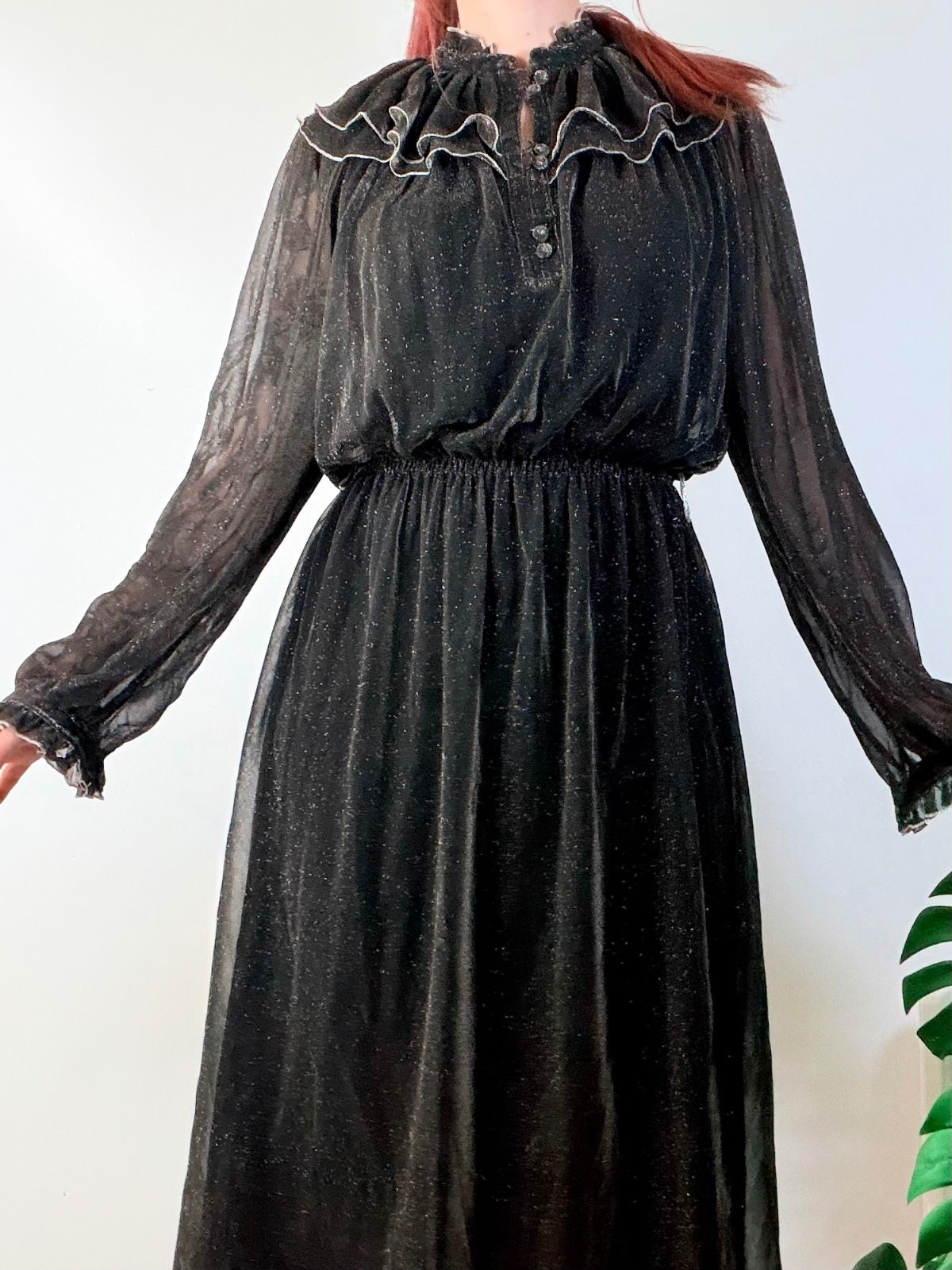 Vintage 1980s Party Dress Black Sheer Ruffle Midi Dress with Sparkle Size 12
