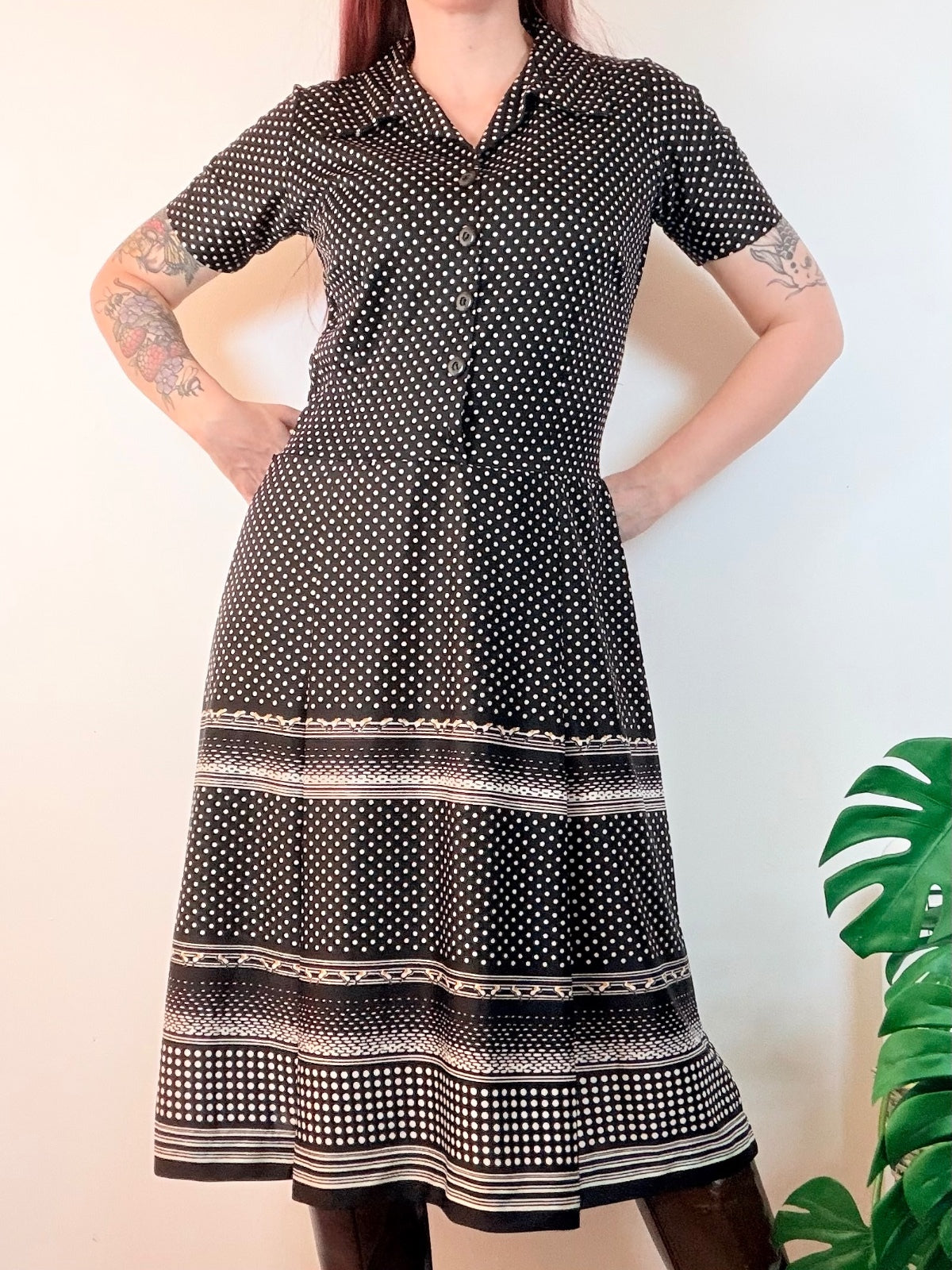 Vintage 1970s Shirt Dress Black and White Polka Dot Midi with Collar Size 14