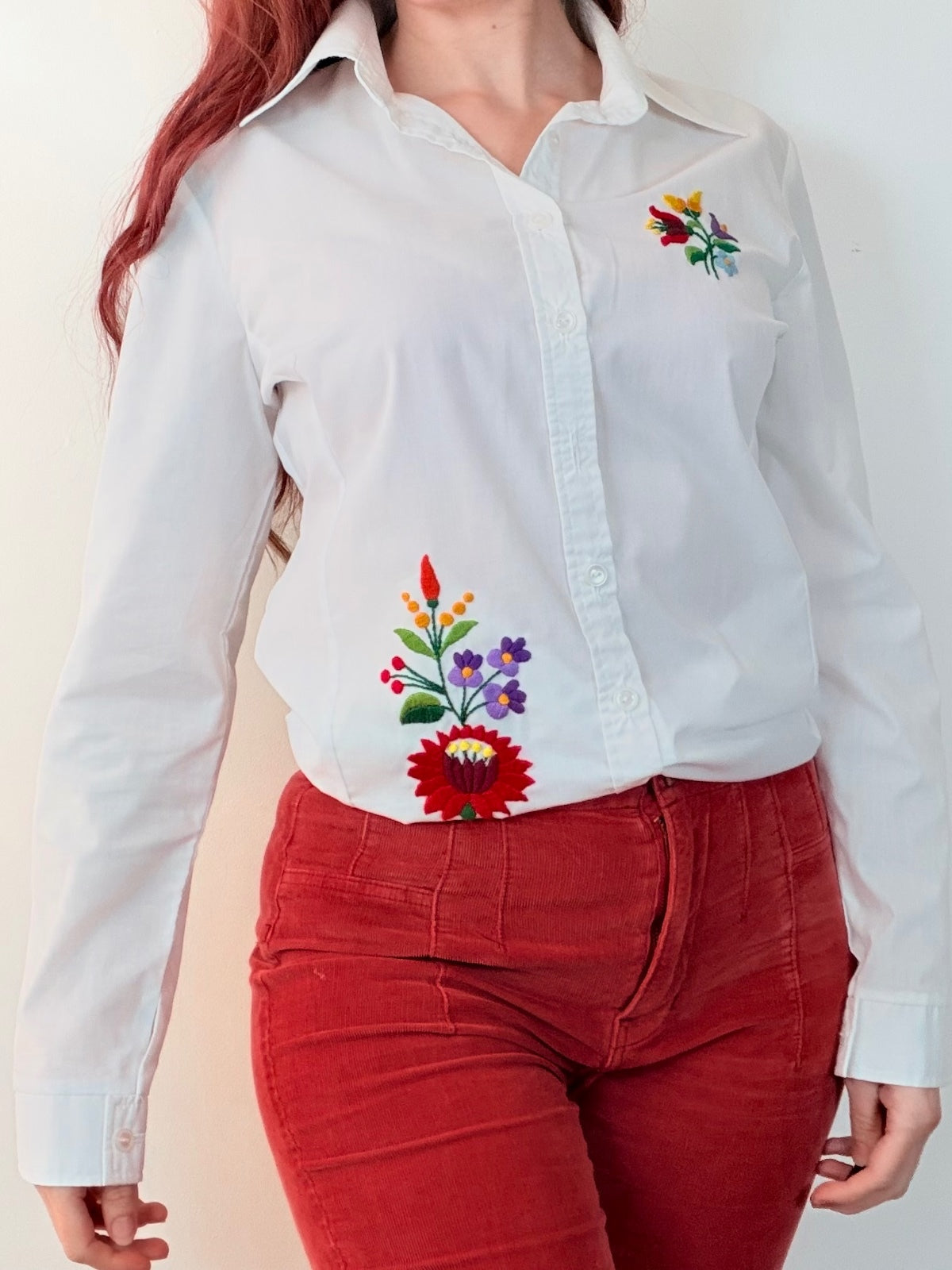 White Embroidered Floral Shirt Button-Up Blouse Size 12 to 14