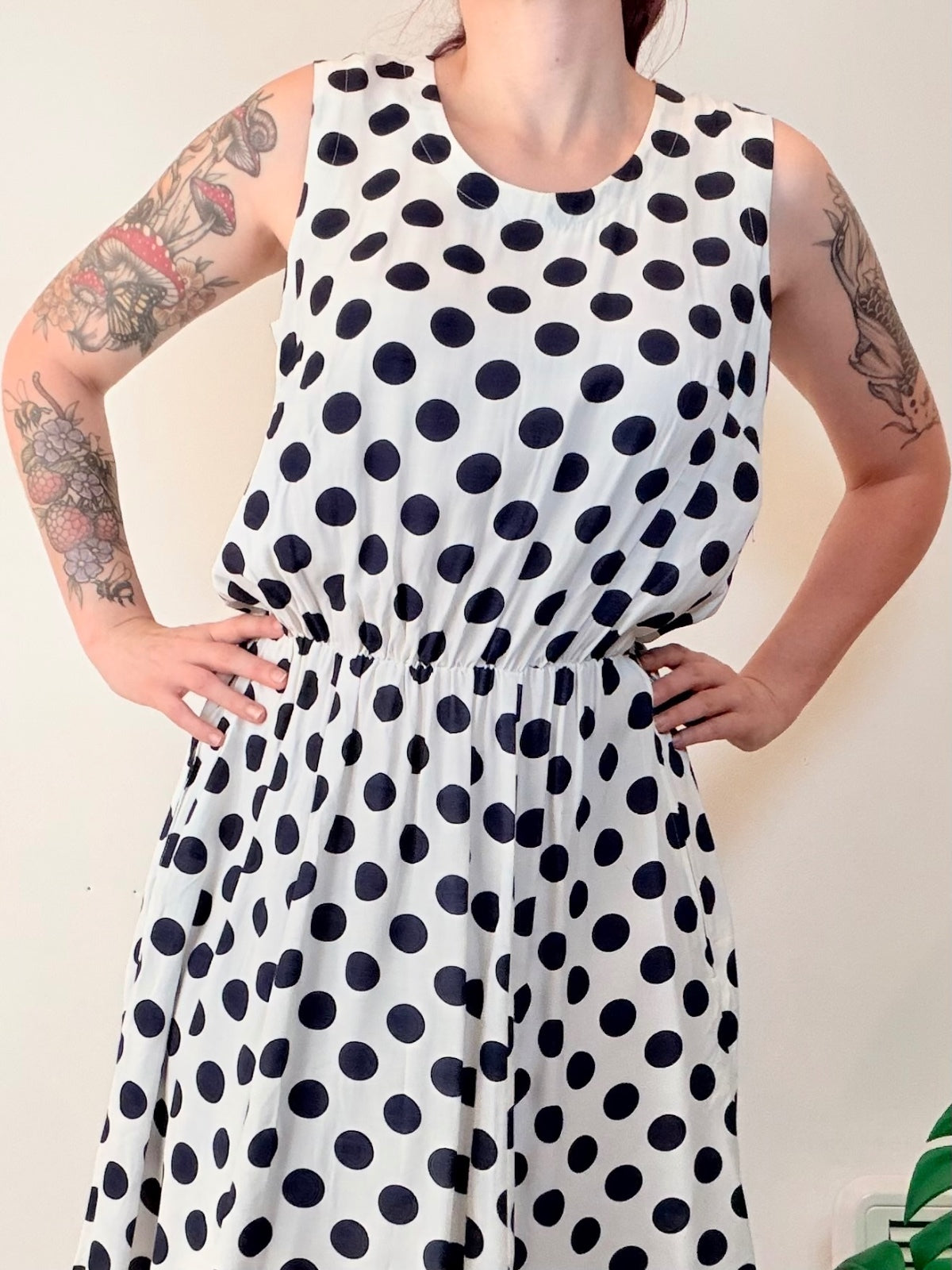 Vintage 1990s Summer Dress Sleeveless Polka Dot Midi Dress with Slits Size 14 16