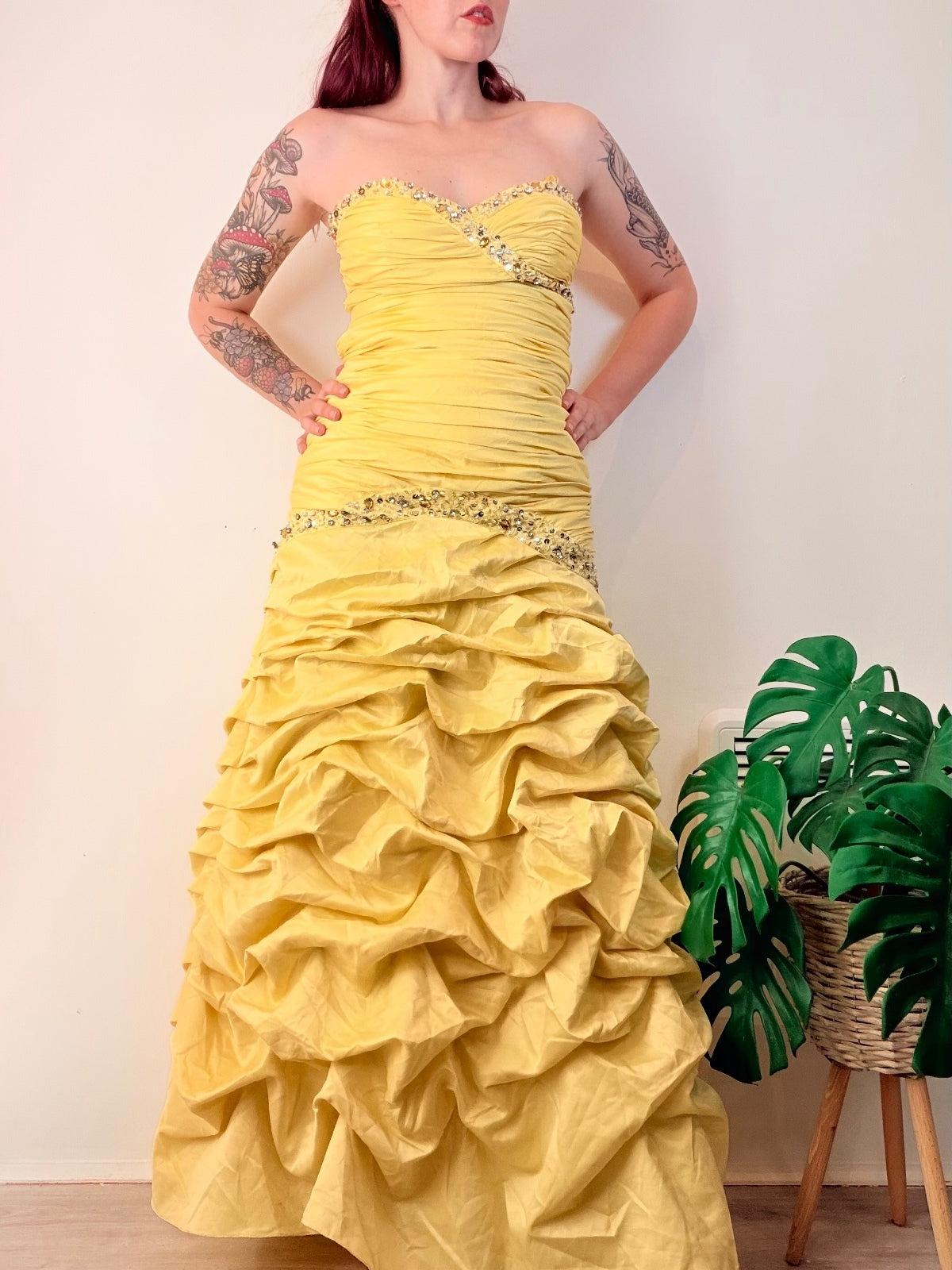 Vintage Evening Gown with Embellishments Yellow Strapless Ruffled Size 10