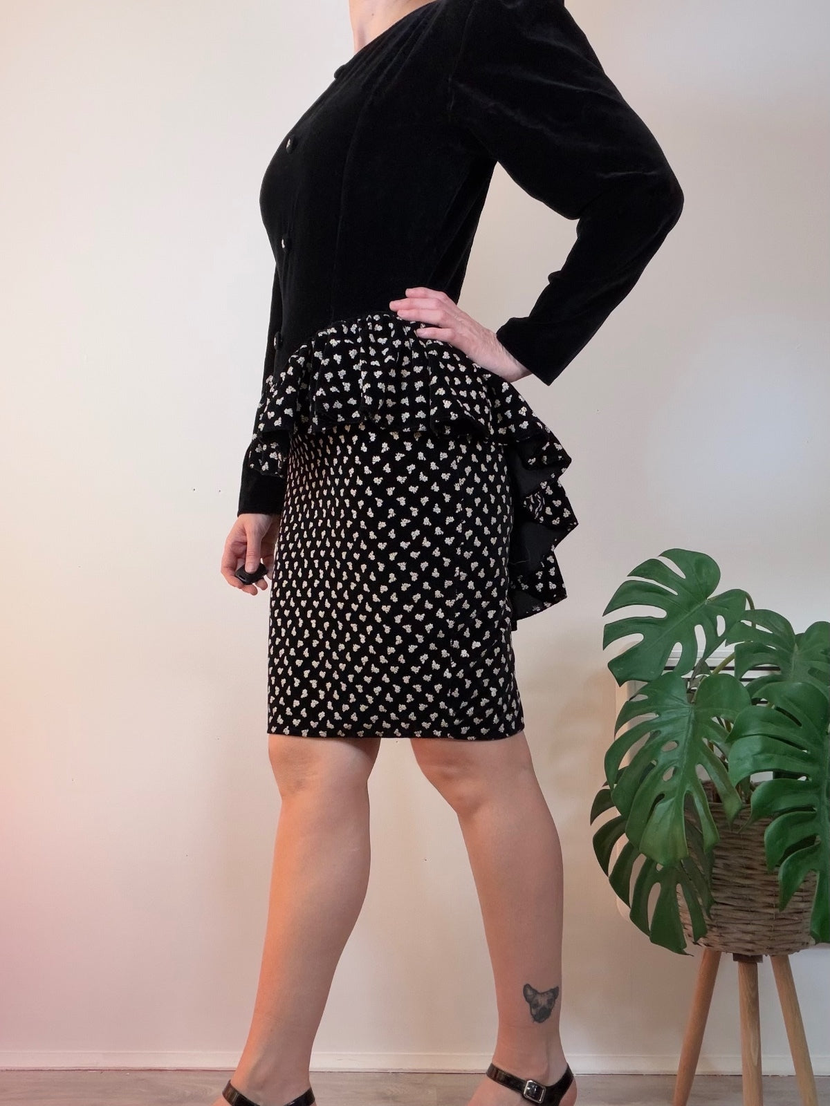 Vintage 1980s Cocktail Dress Black Velvet Peplum Dress with Ditsy Print Size 12