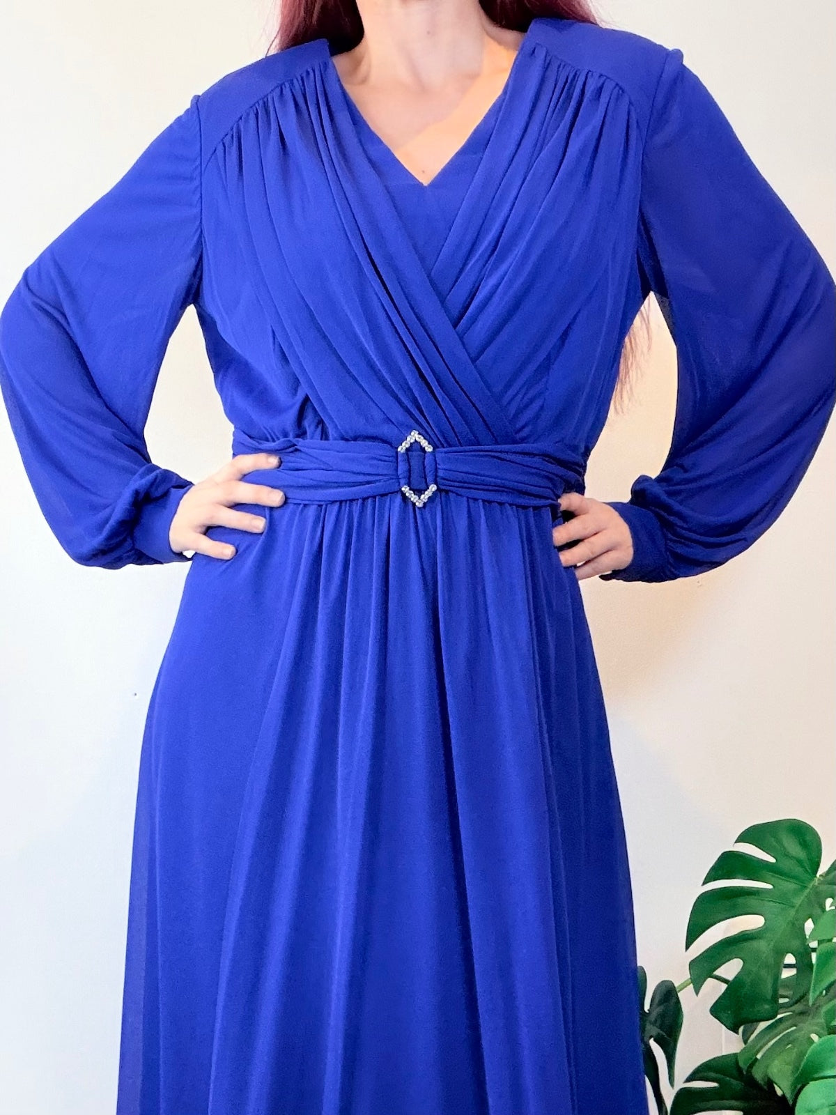 Vintage 1980s Maxi Dress with Belted Waist and Long Sleeves Size 18
