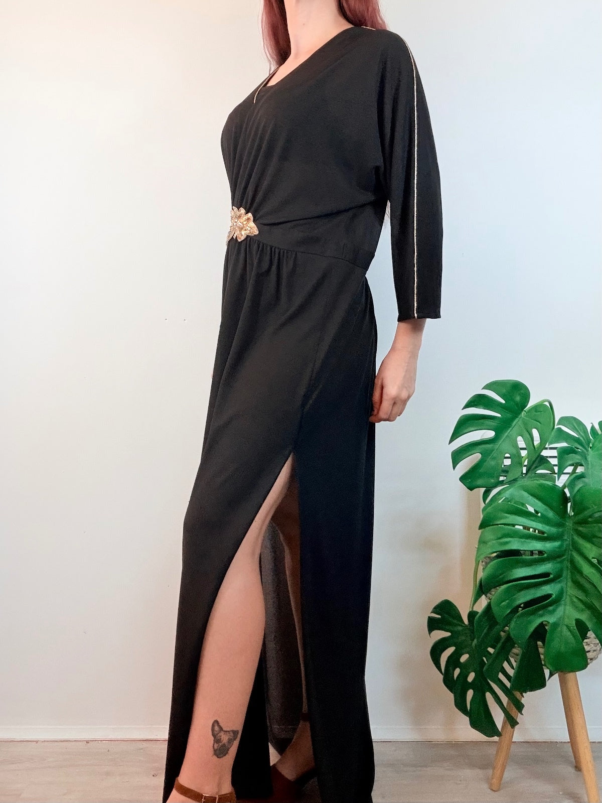 Vintage 1980s Maxi Dress with Gold Sequin Waist Detail and Side Slit Size 18 20