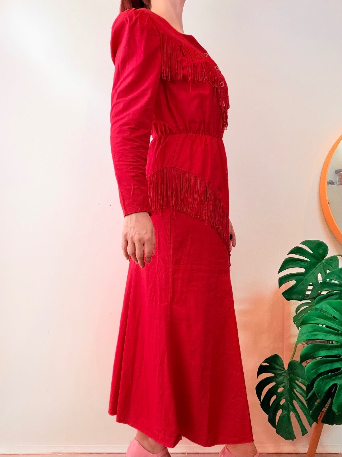 Vintage 1980s Tassel Dress Red Western Fringe Peplum Cotton long sleeve Size 12