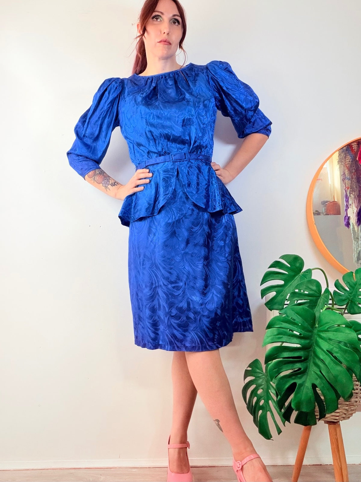 Vintage 1980s Peplum Dress with Retro Puff Sleeves and Belt Blue Size 12