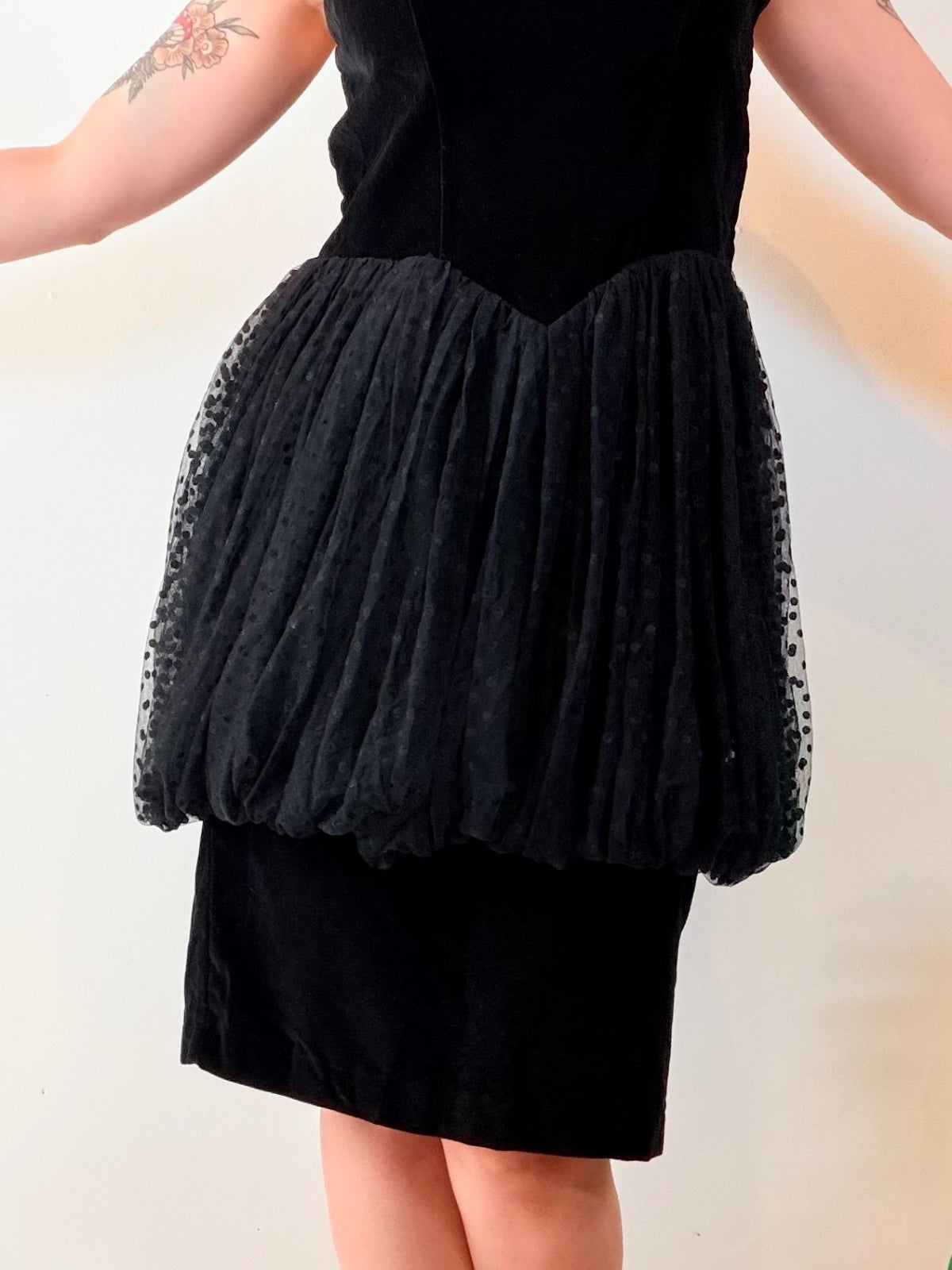 Vintage 1980s Party Dress Black Velvet and Tulle Retro Bubble Dress Size 14