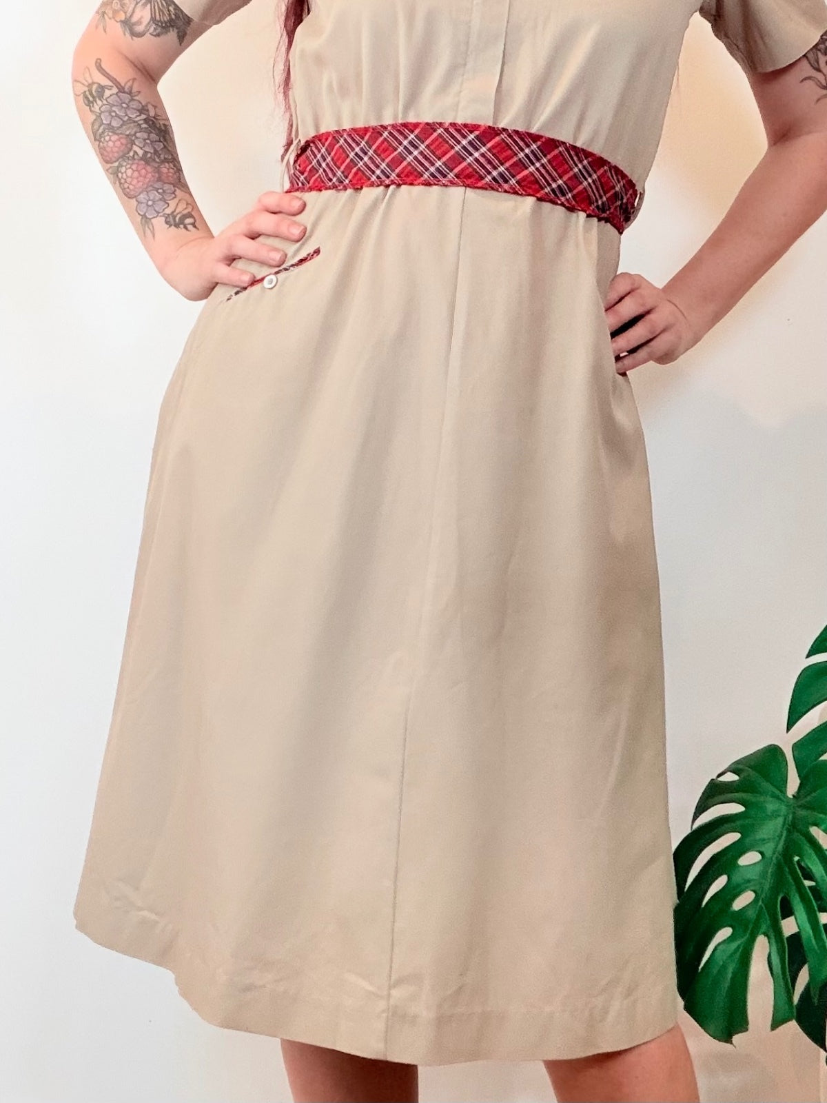 Vintage 1980s Shirt Dress Beige Military Dress with Red Plaid Detail Size 10 12
