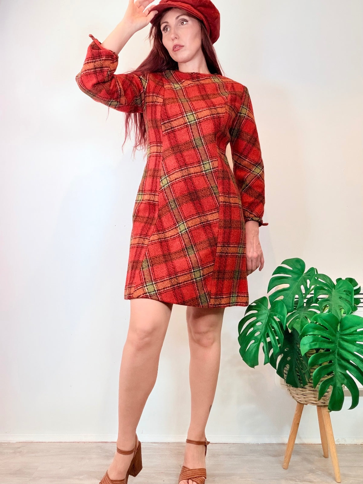 Vintage1970s Tartan Dress Red Plaid Wool With tie Cuff Sleeves Size 12 to 14