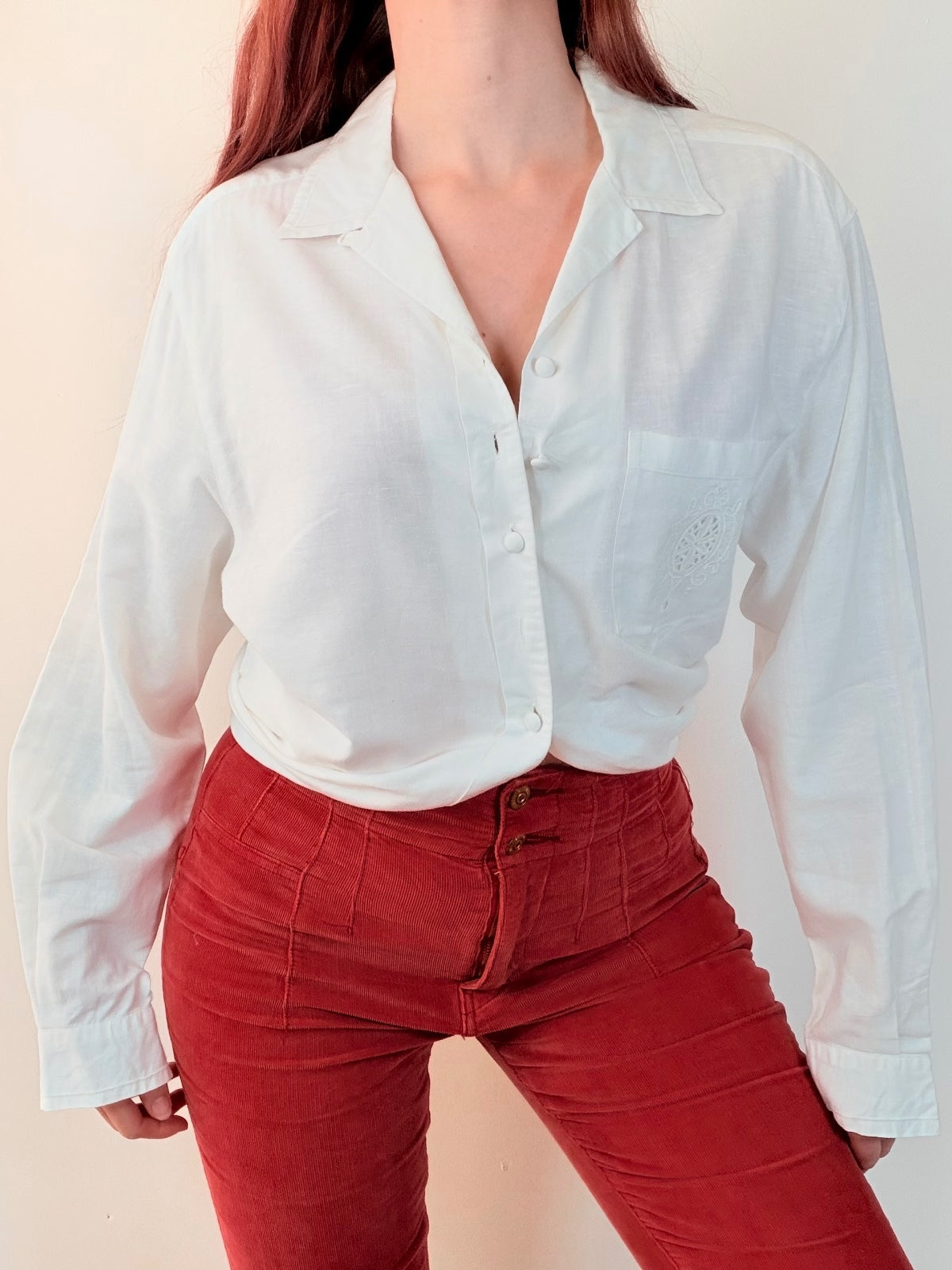 Vintage 1990s White Shirt Linen cotton with Embroidered Pocket size 16