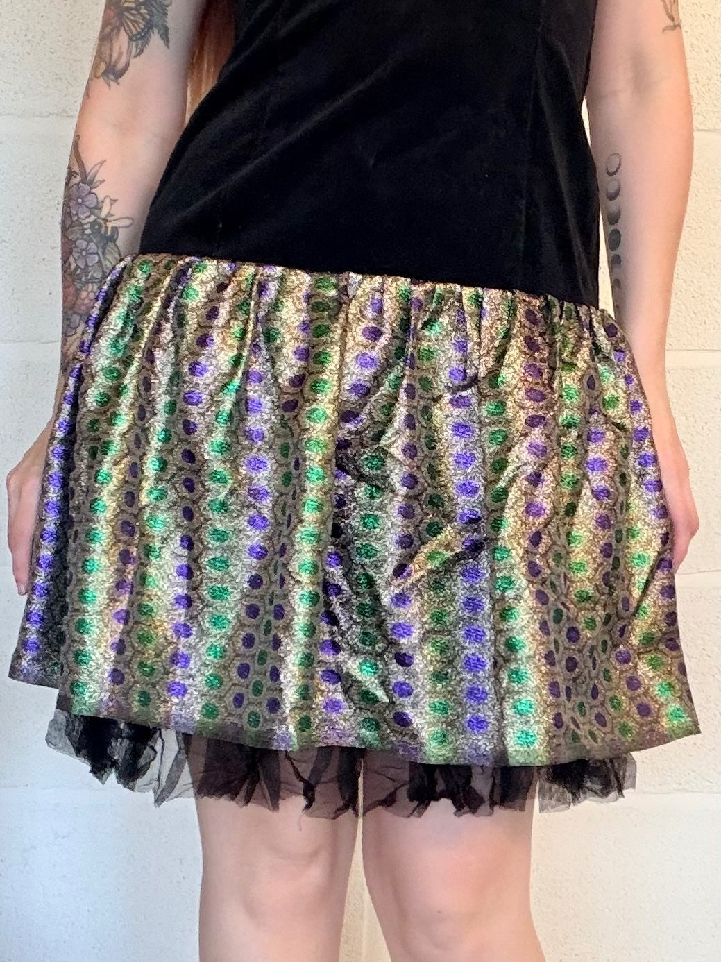 Vintage 1980s Party Dress Black Velvet with Patterned Skirt Dress Size 12